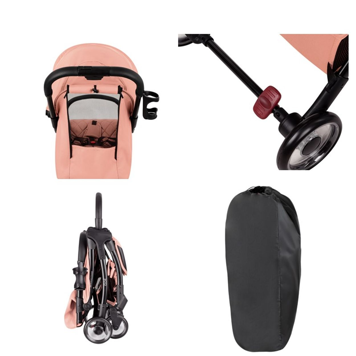 Rosa Kinderwagen in verschiedenen Ansichten: offen, geschlossen und Details. Schwarzer Rahmen und Räder. Inklusive schwarzer Tragetasche.