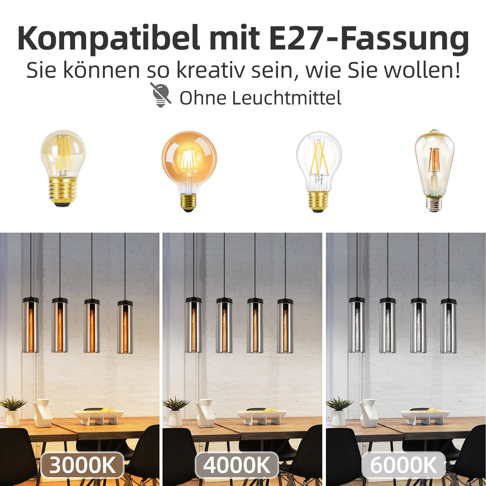Varie lampadine e lampade a sospensione. Diversi stili di lampadine e temperature di colore (3000K, 4000K, 6000K).
