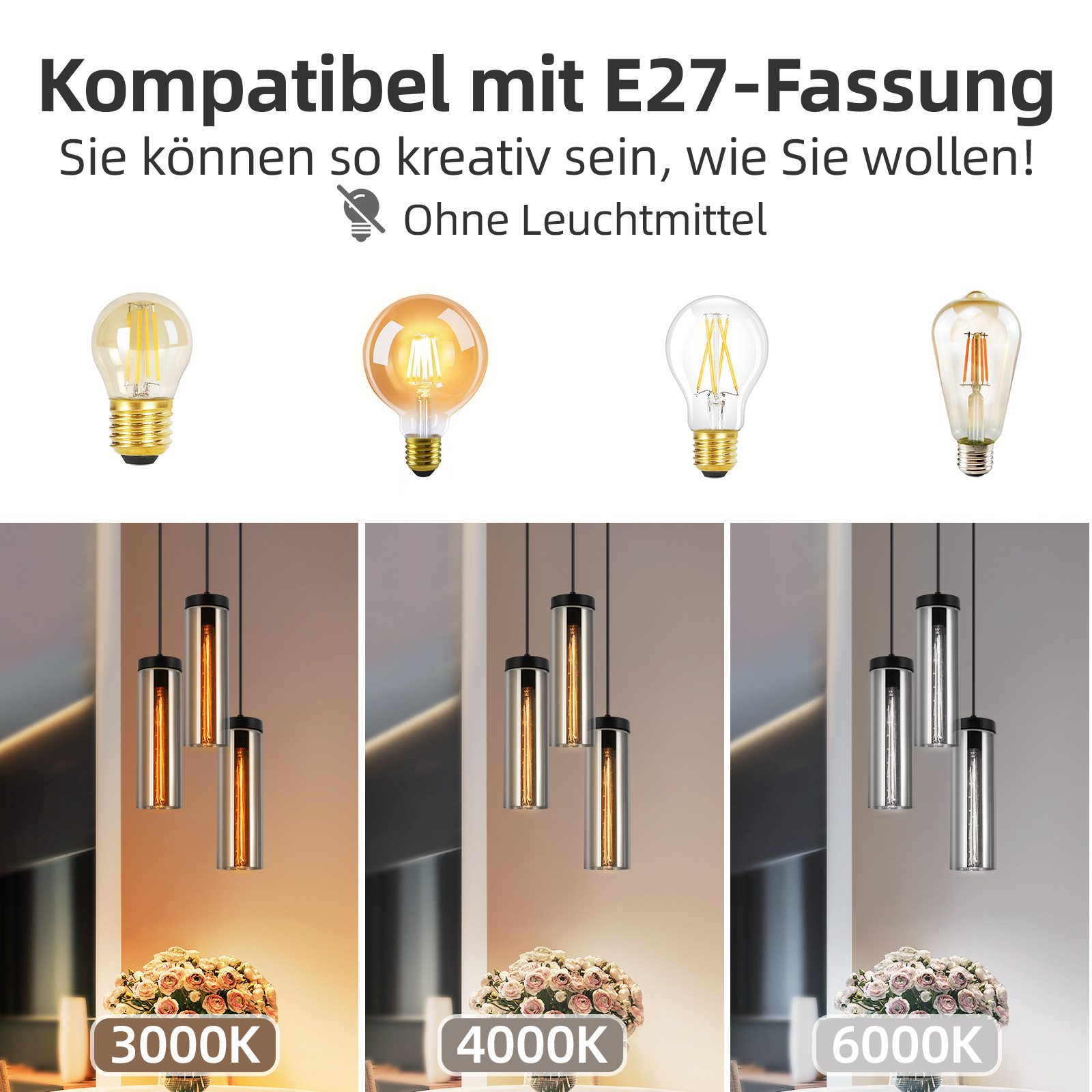 Obraz przedstawiający różne rodzaje żarówek, a także trzy obrazy lamp wiszących o różnych temperaturach barwowych.