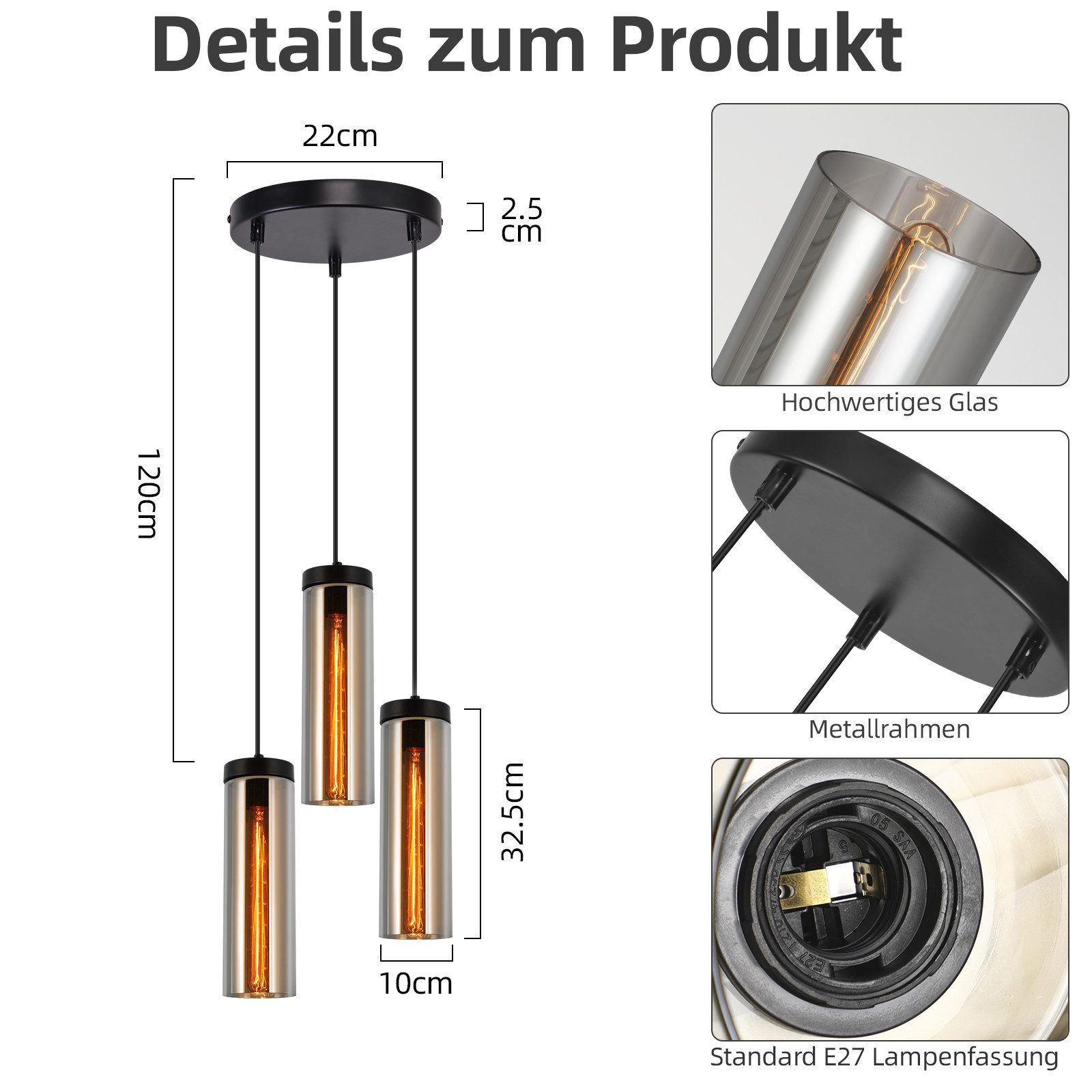 Szczegóły trzech lamp wiszących: wymiary, materiały i komponenty, takie jak metalowa rama i gniazdo.