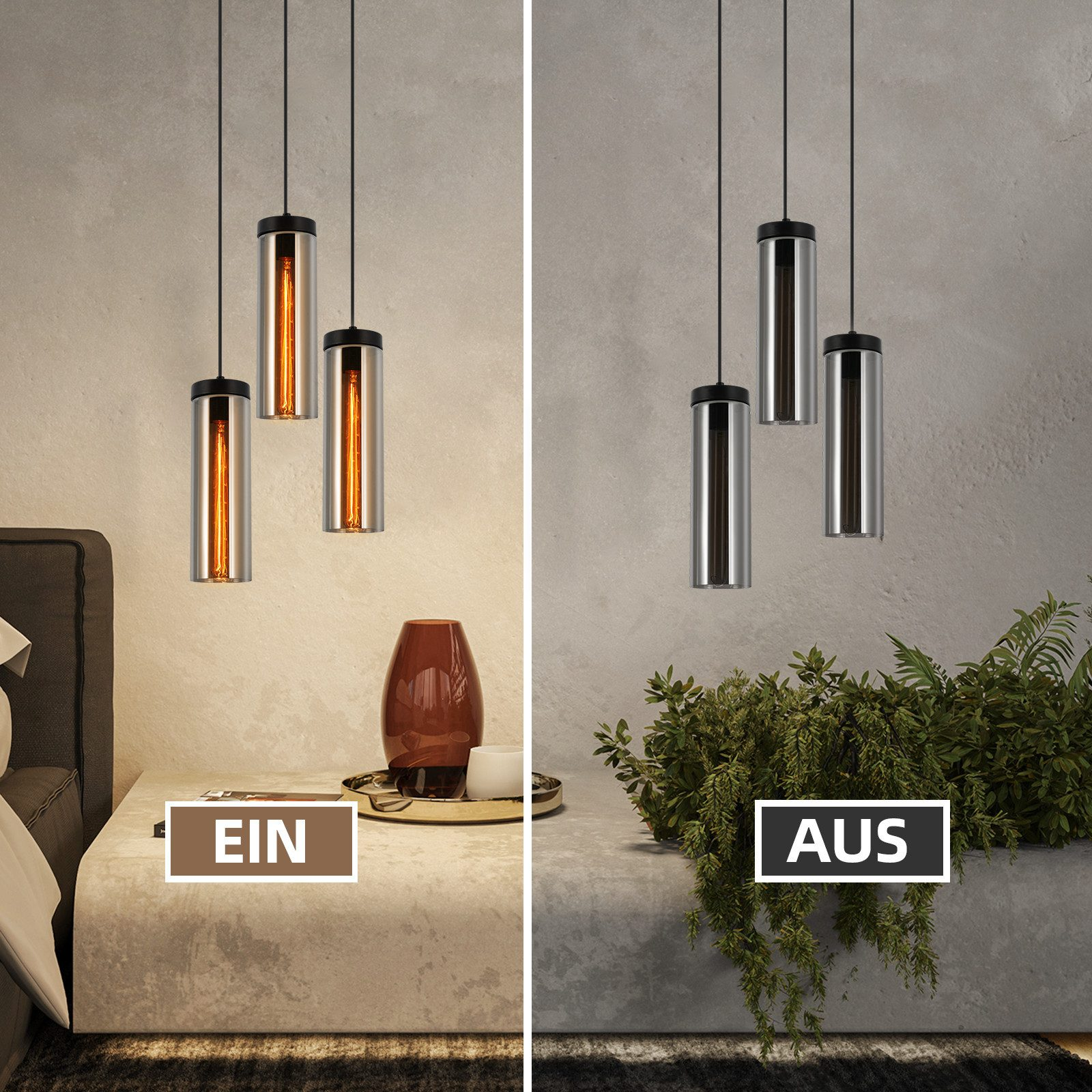 Dwie sceny pokazujące lampy wiszące włączone i wyłączone, podkreślające design i wydajność świetlną lampy.