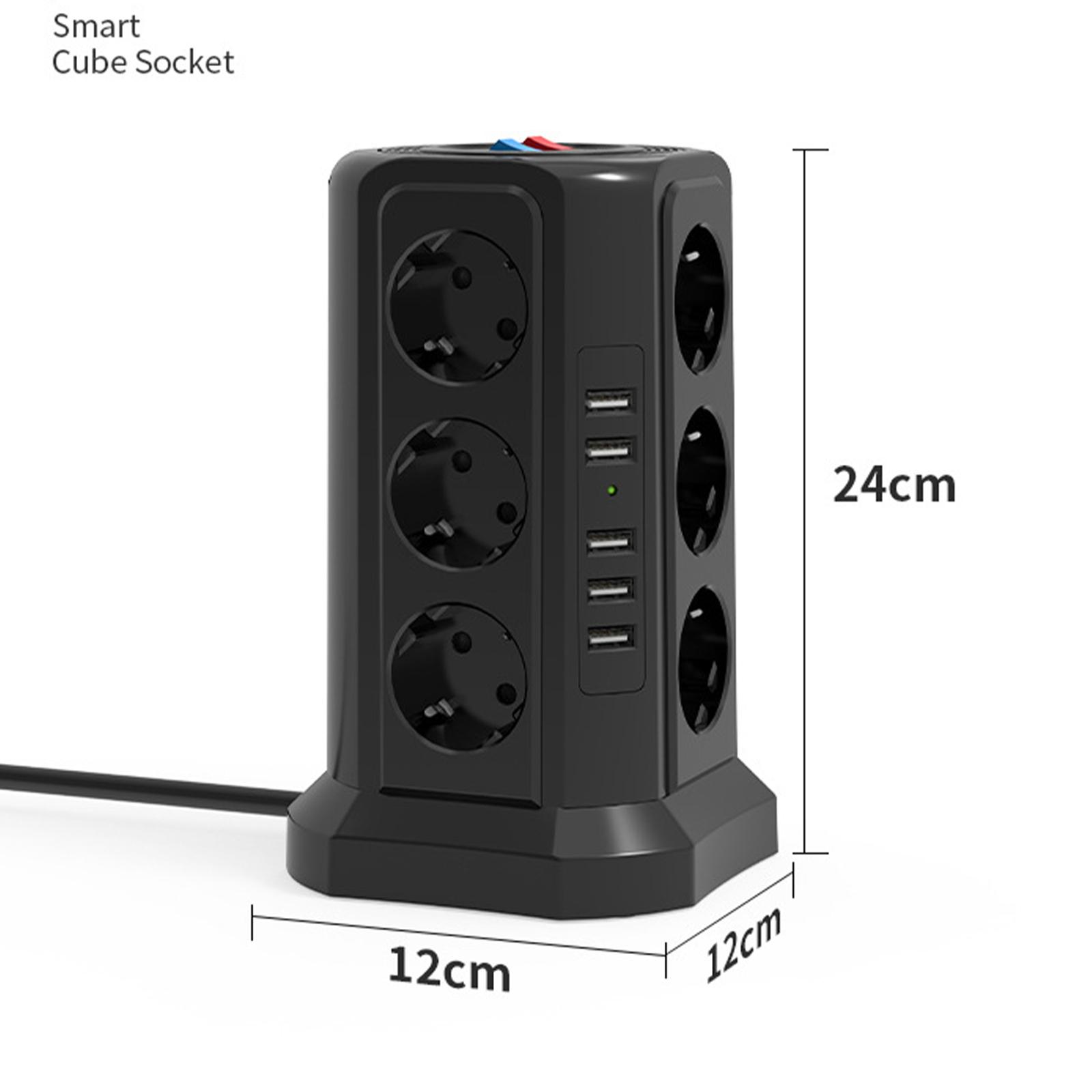Smarte Würfelsteckdose mit mehreren Steckdosen, USB-Anschlüssen und Maßangaben: 12x12x24cm, schwarz.