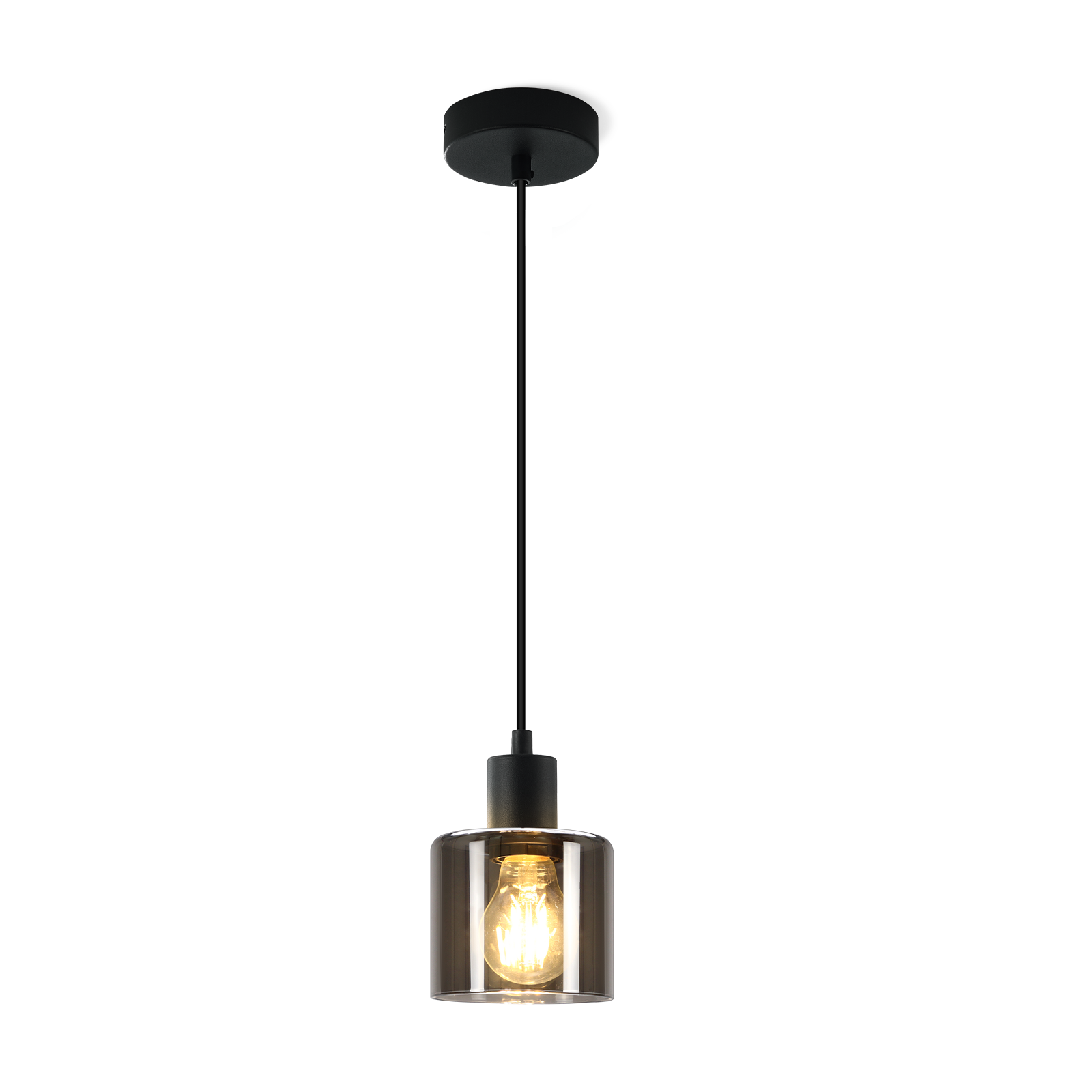 Lampada a sospensione con un apparecchio nero, un paralume in vetro attorno a una lampadina, appesa al soffitto.