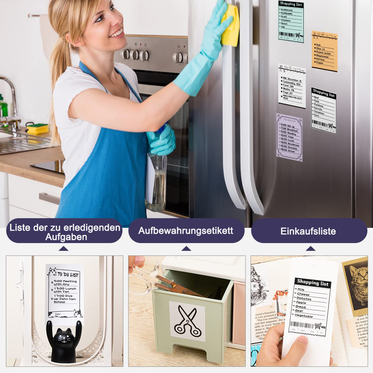 Eine Frau putzt einen Kühlschrank. Das Bild zeigt Einkaufszettel und eine To-Do-Liste.