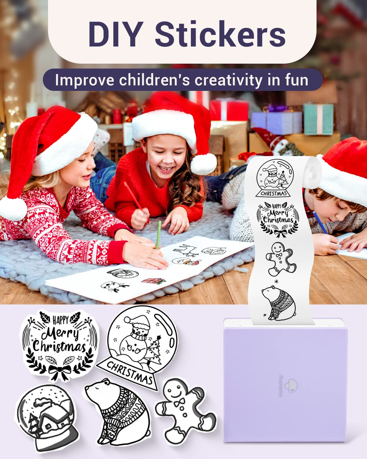 Kinder zeichnen Weihnachtssticker. Gedruckte Sticker und ein Sticker-Drucker sind sichtbar.