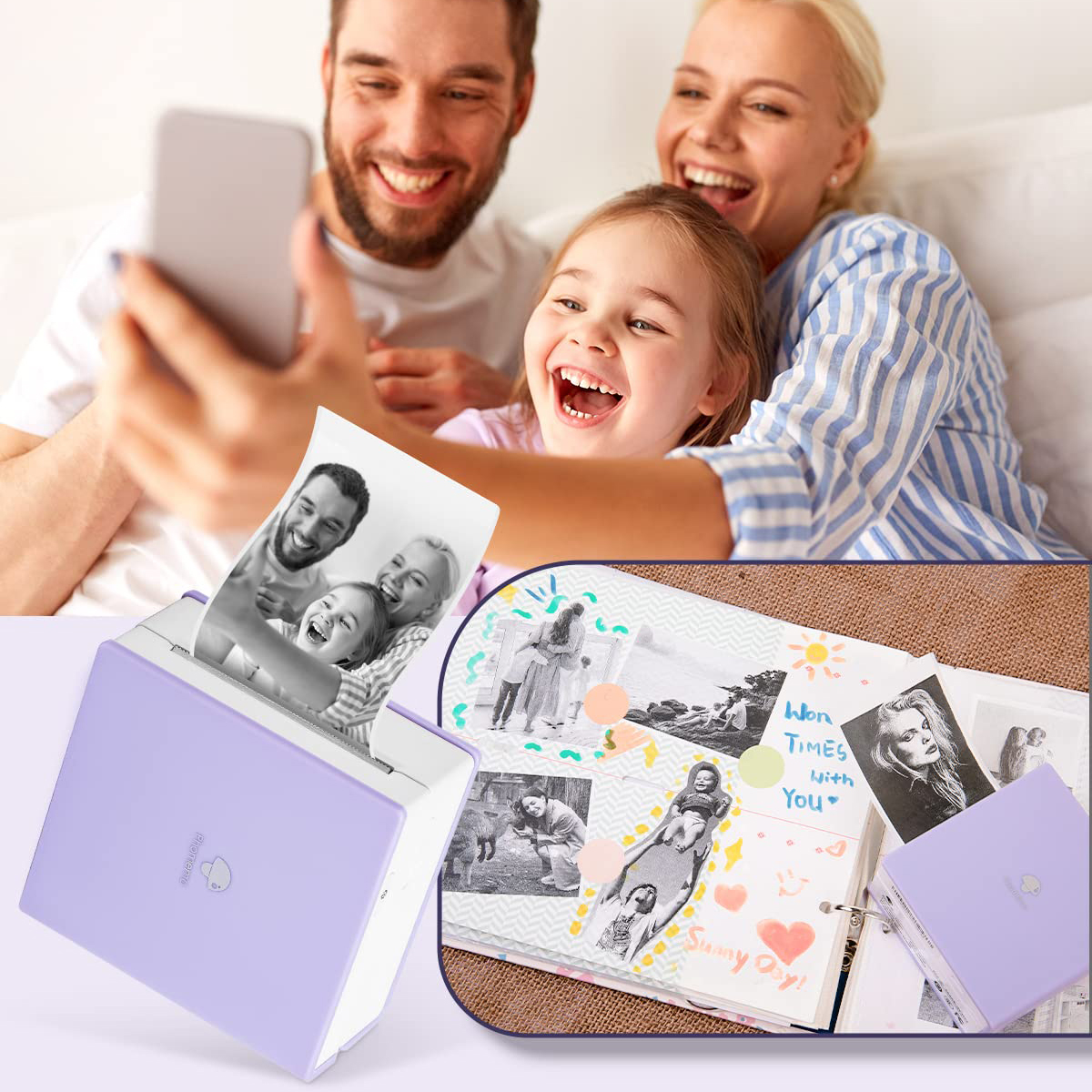 Eine Familie betrachtet Fotos, die von einem lila Fotodrucker gedruckt wurden. Fotos sind in einem Scrapbook.