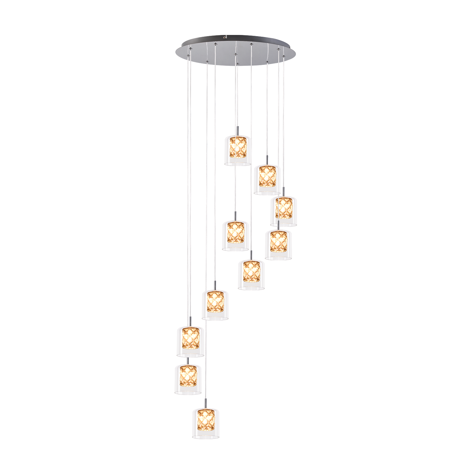 Nove lampade a sospensione appese a un soffitto, con uno sfondo bianco.