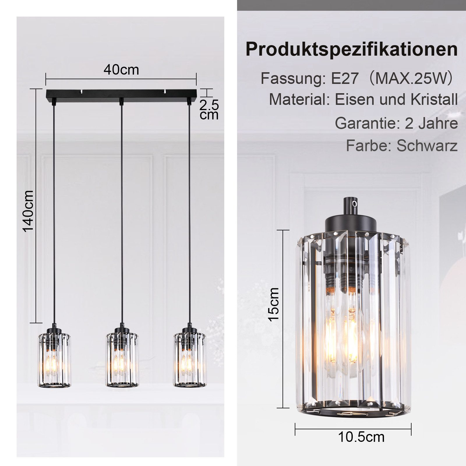 Lampa wisząca z trzema szklanymi kloszami, specyfikacjami i tekstem specyfikacji produktu.