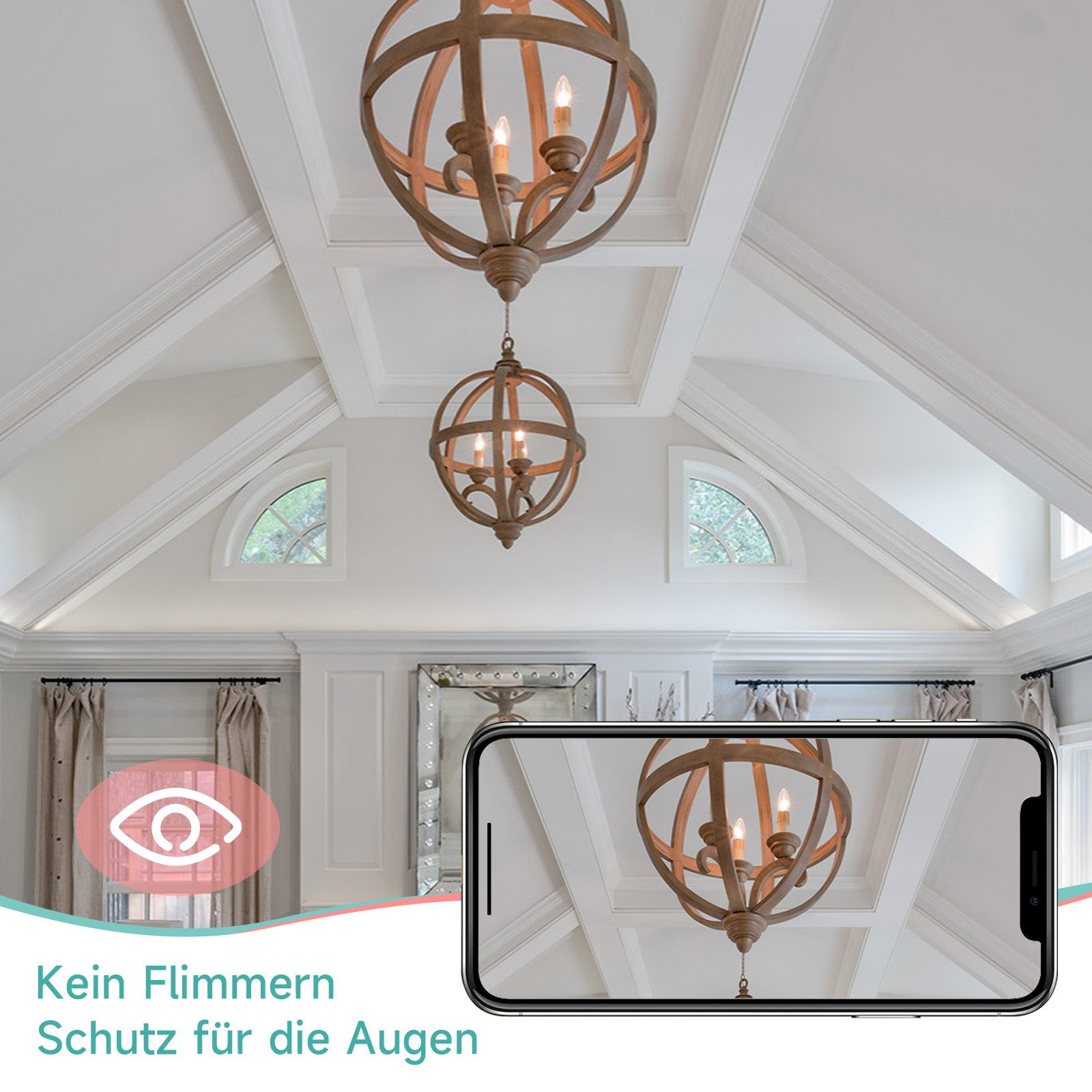 Dwa żyrandole kuliste wiszące z białego sufitu, z telefonem pokazującym.