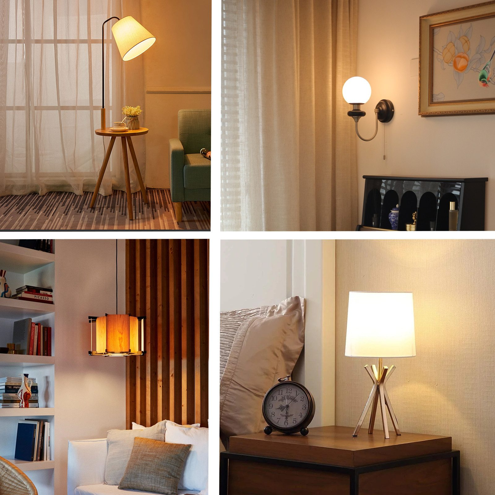 Kolaż lamp: lampa podłogowa, kinkiet, lampa wisząca i lampa stołowa.