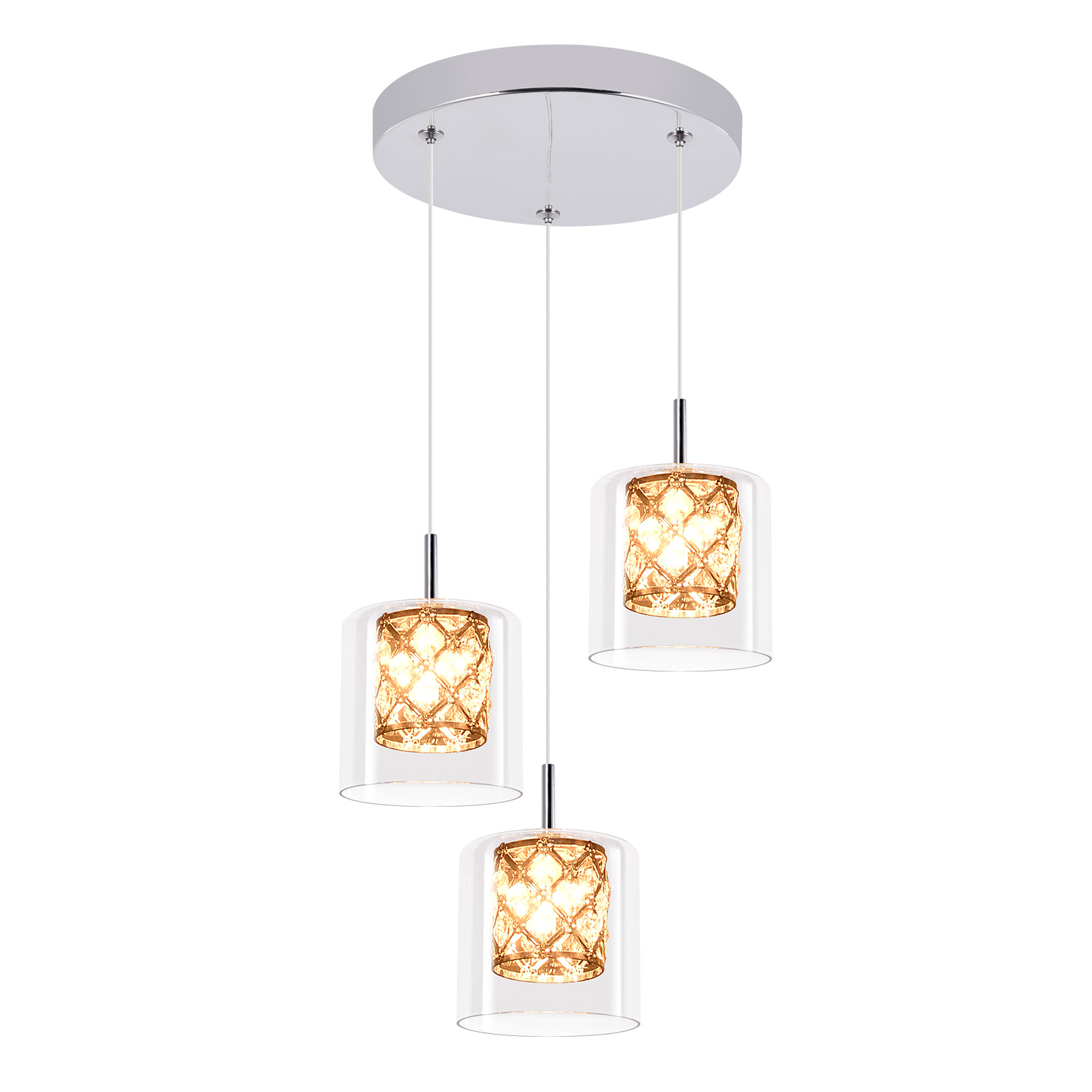 Tre lampade a sospensione con vetro decorativo. Vengono visualizzate le dimensioni delle luci.