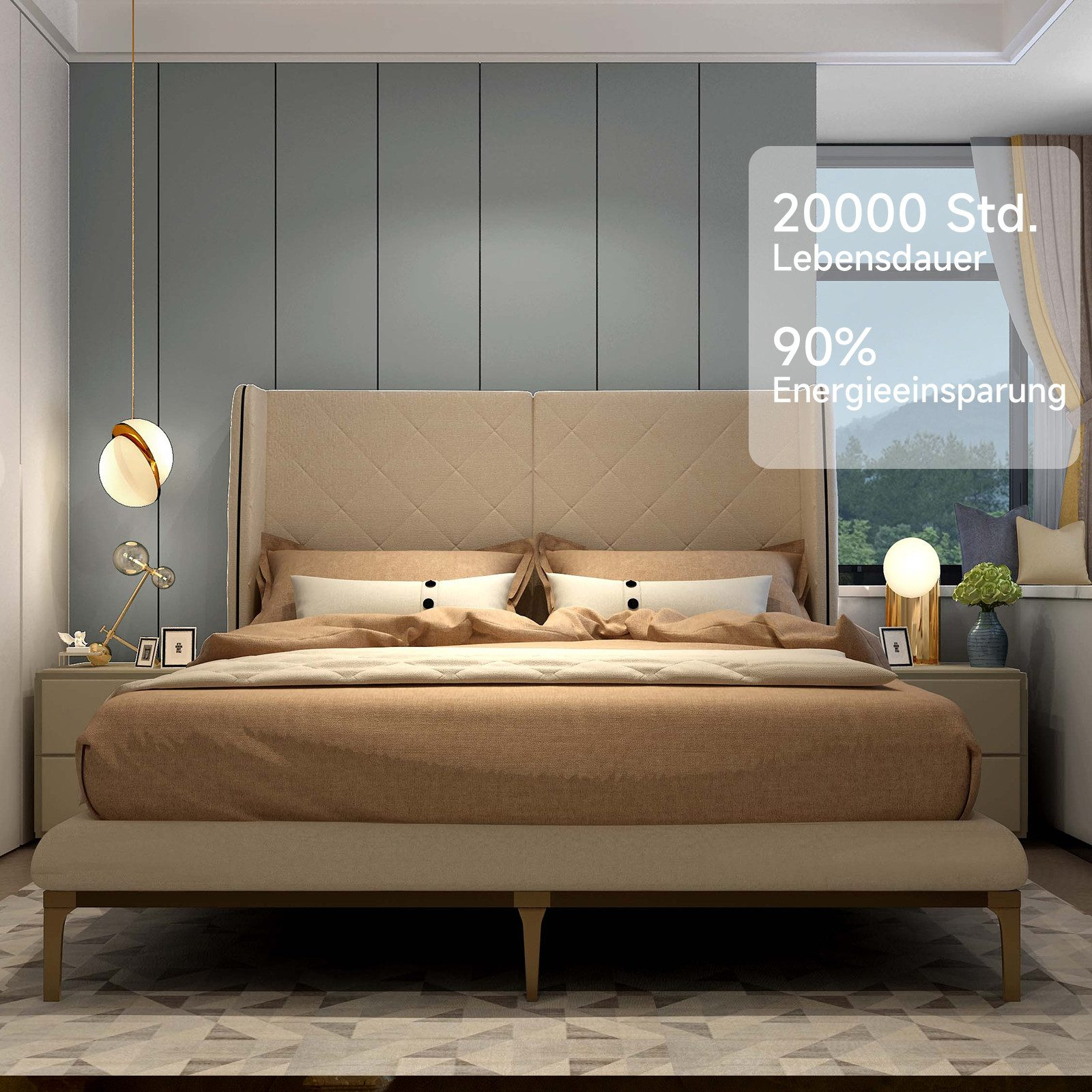 Sypialnia z dużym łóżkiem, stolikami nocnymi i nakładkami tekstowymi.