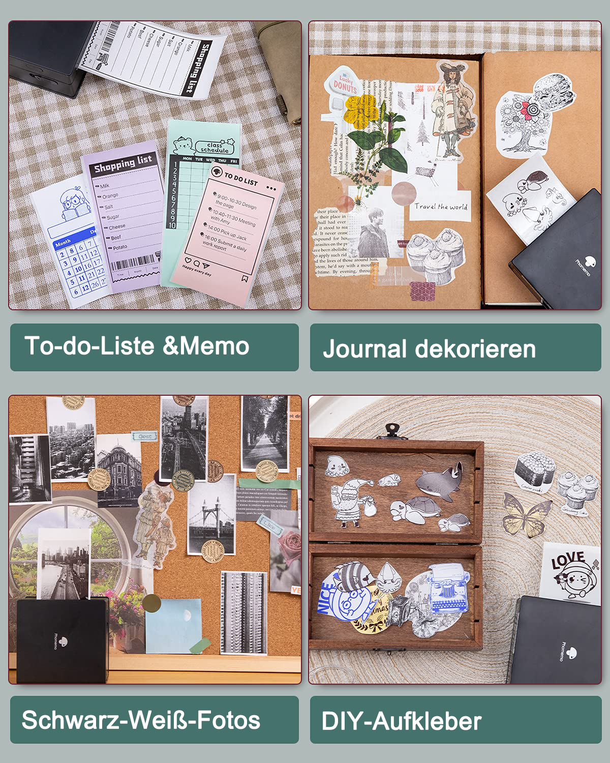 Collage von Artikeln für Journaling und Memo. Enthält To-Do-Listen, Fotos, Aufkleber und einen Kalender.