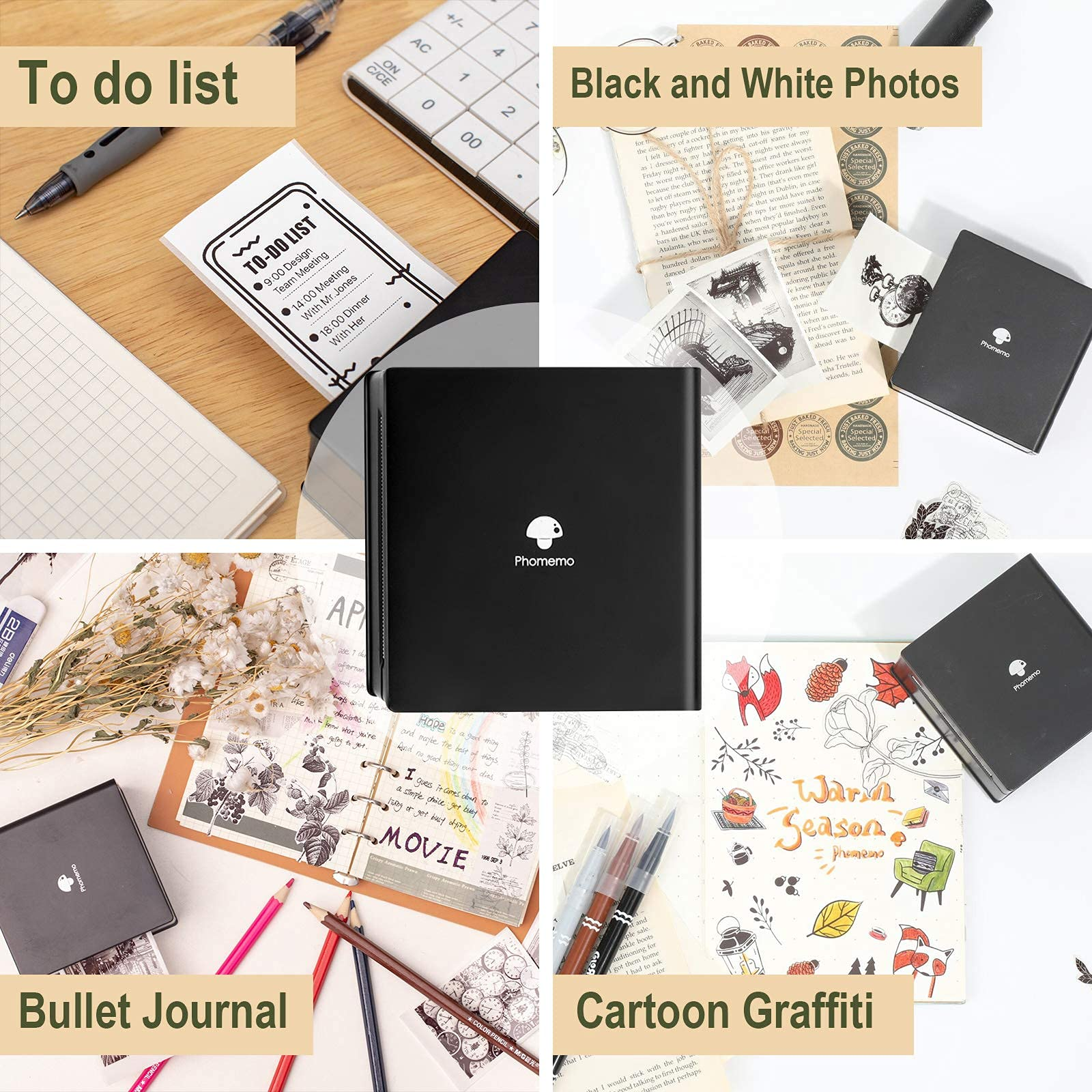 Collage von Artikeln für To-Do-Listen, Bullet Journals, Schwarzweißfotos und Cartoon-Graffiti.