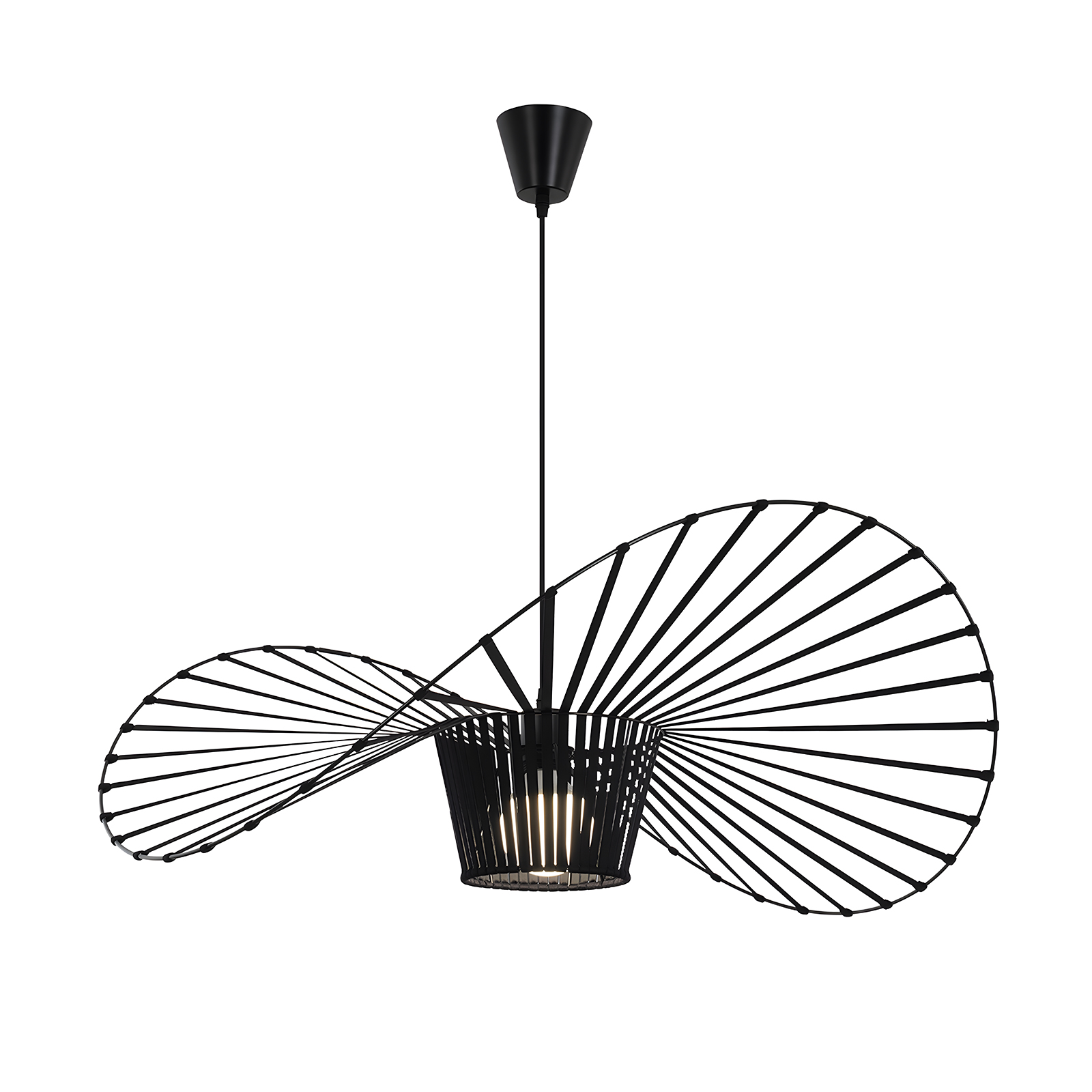 Una lampada a sospensione nera e moderna con un design unico e fluido, isolata su sfondo bianco.