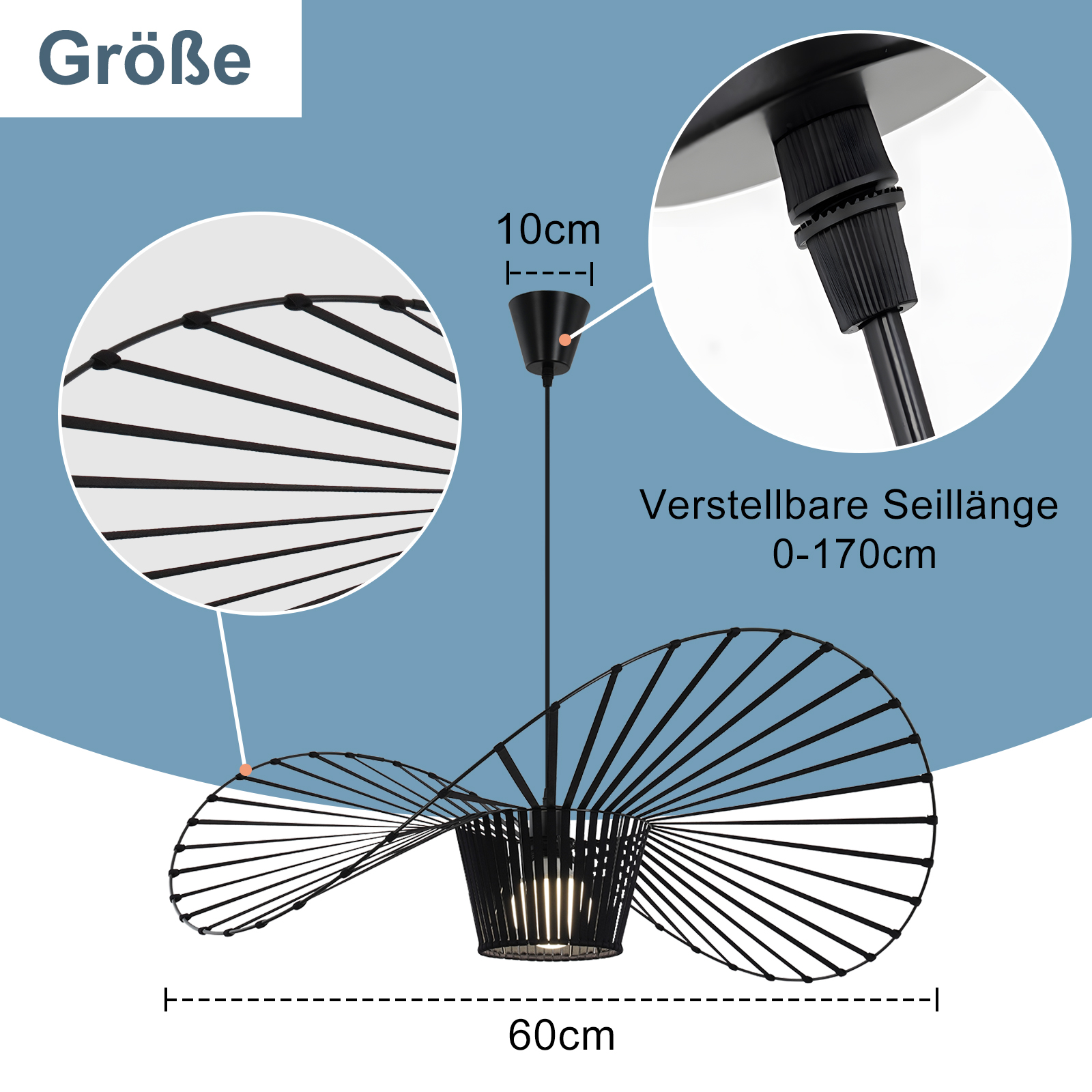 Primo piano di una lampada a sospensione nera con misure: 60 cm di larghezza, 10 cm di altezza e lunghezza regolabile fino a 170 cm.