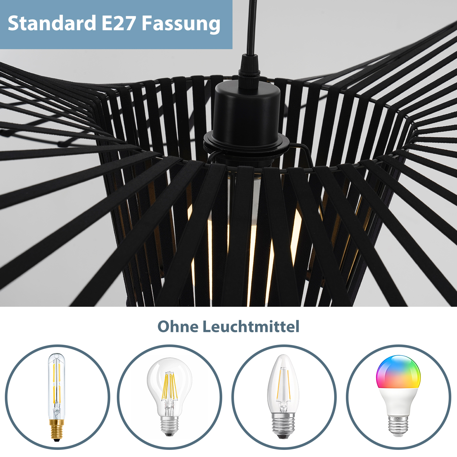 Primo piano di una lampada a sospensione nera con un design a ventaglio e diversi tipi di lampadine.