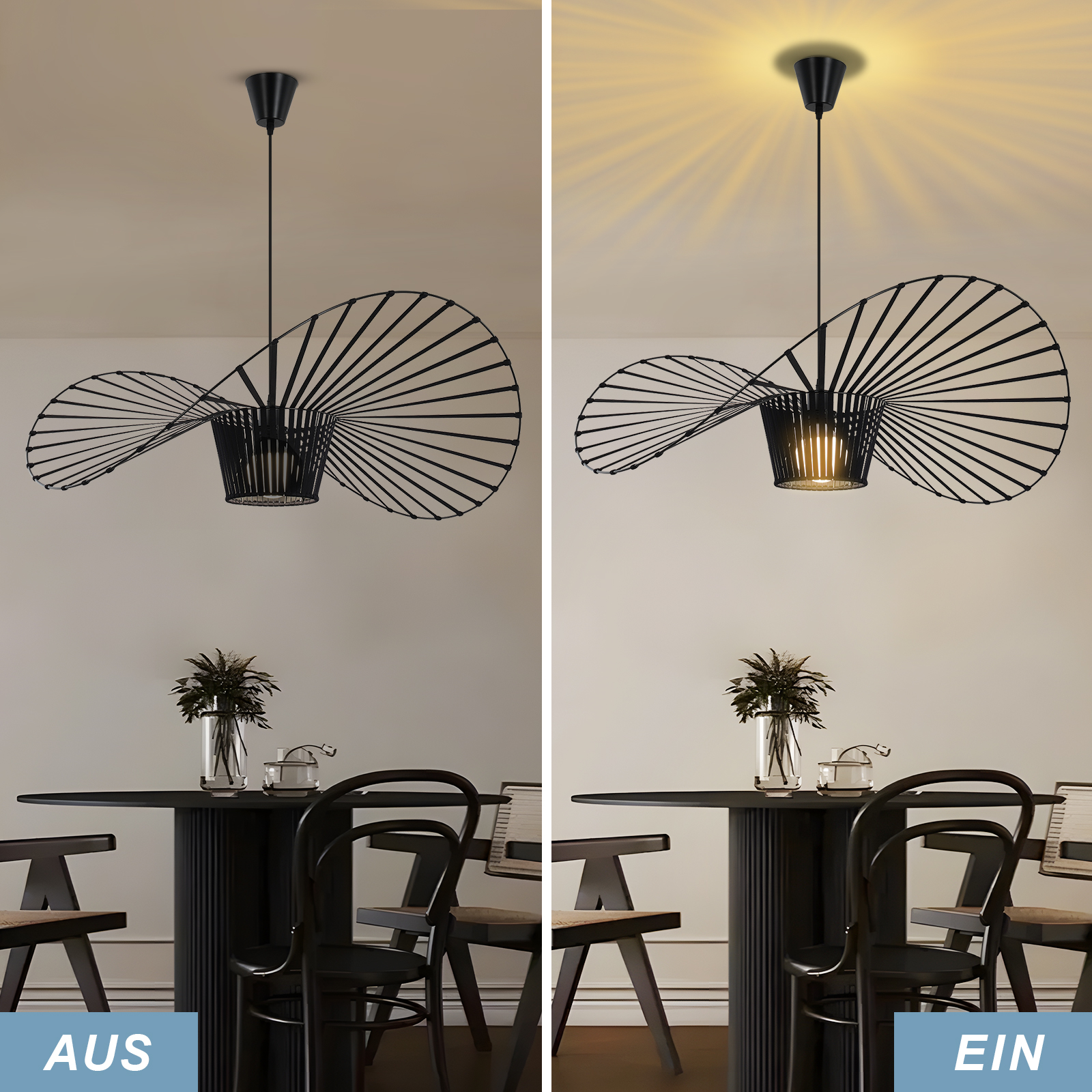 Una lampada nera con design aperto è appesa sopra un tavolo. L'immagine a destra mostra la lampada illuminata.