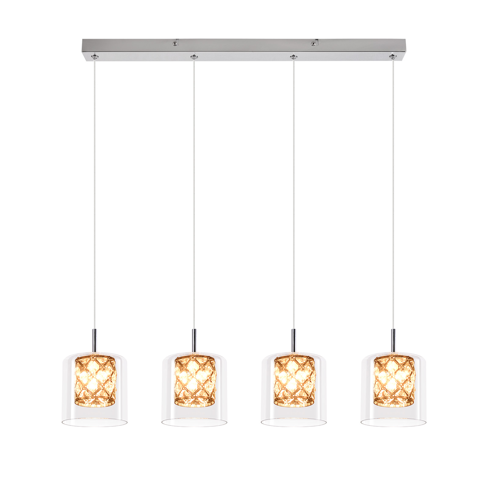 Quattro lampade a sospensione con paralumi in vetro pieni di cristalli sono appese su uno sfondo bianco.