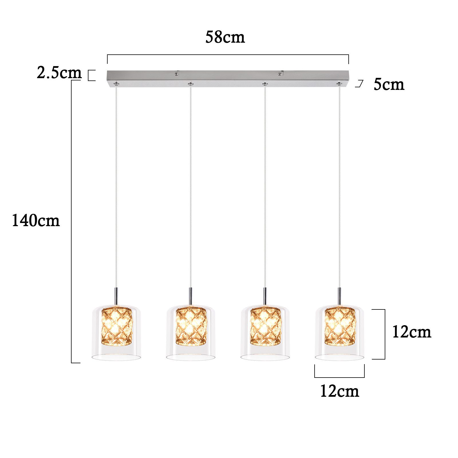 Quattro lampade rettangolari in vetro con interno dorato su sfondo bianco, con dimensioni.