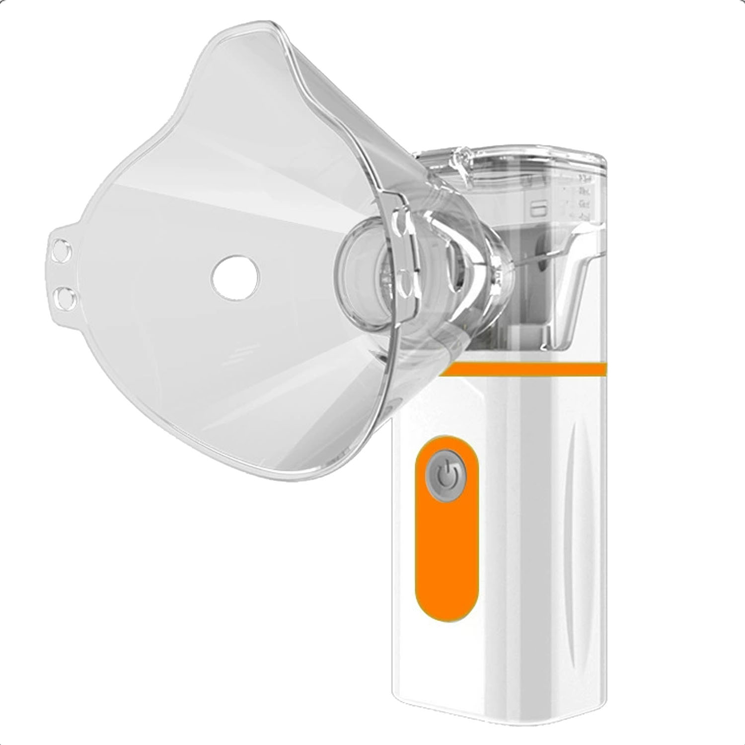 Ein weißes und orangefarbenes Verneblungsgerät mit aufgesetzter Maske und einem orangenen Knopf.