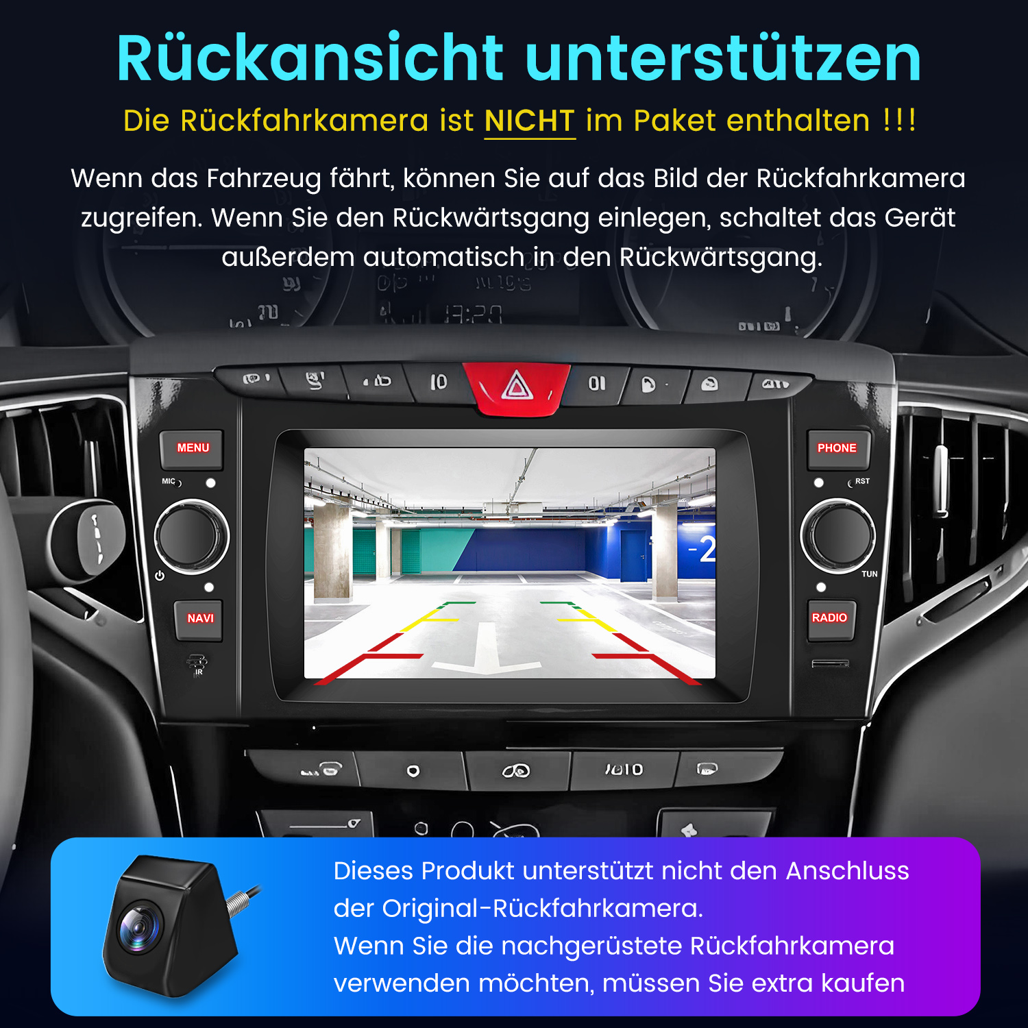 Autodashboard-Bildschirm mit einer Parkplatzansicht. Eine Rückfahrkamera ist installiert. Eine schwarze Kamera ist abgebildet.