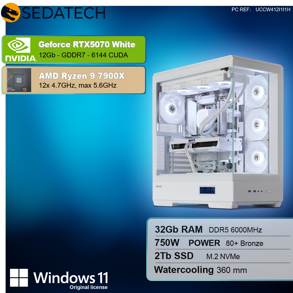 Un case di computer bianco con componenti all'interno. Le specifiche sono elencate a sinistra e il logo è Windows 11.