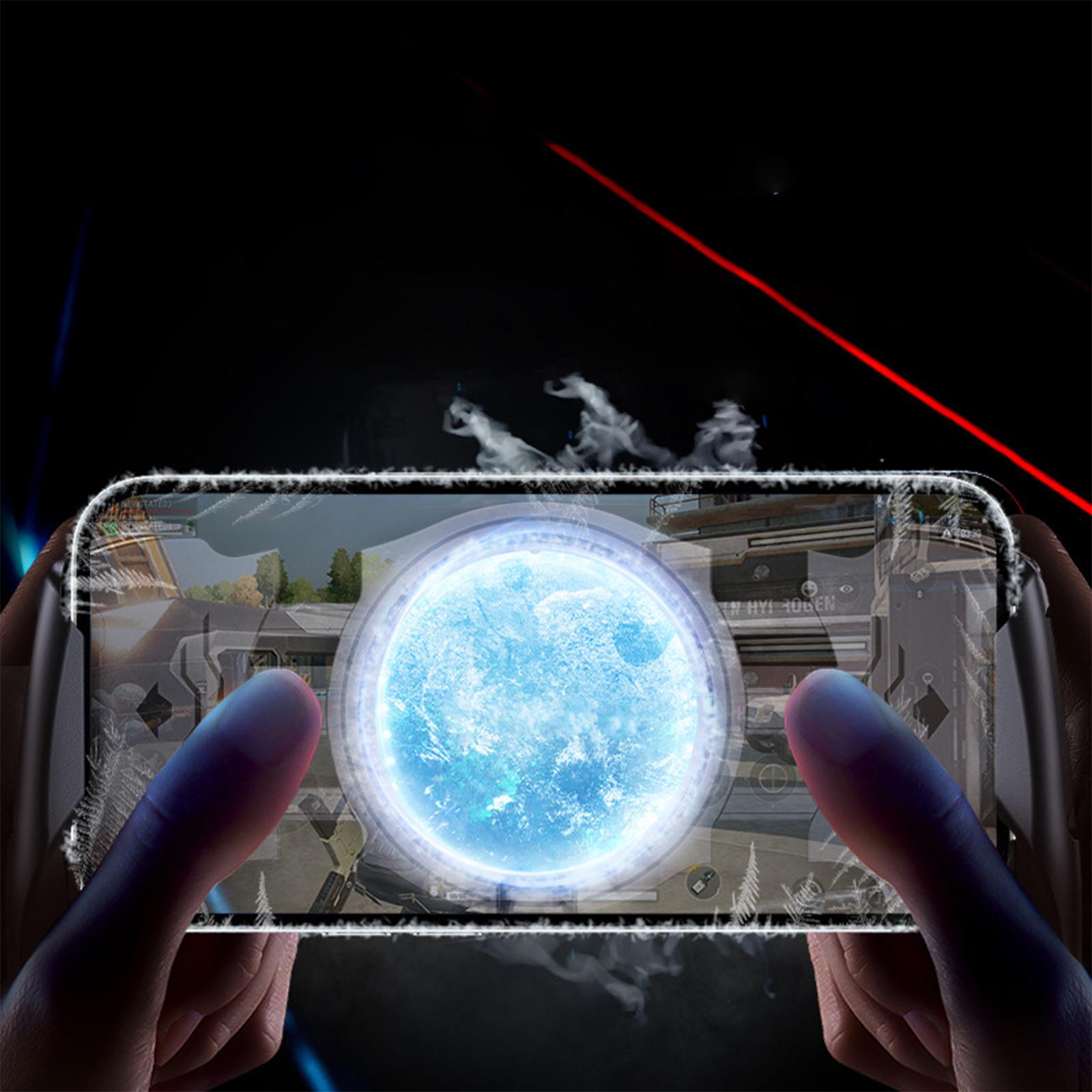 Hände halten ein Telefon mit einem blau leuchtenden Kreis auf dem Bildschirm.
