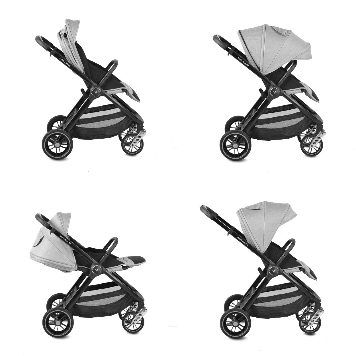 Vier Bilder, die verschiedene Ansichten eines grauen Kinderwagens auf weißem Hintergrund zeigen.