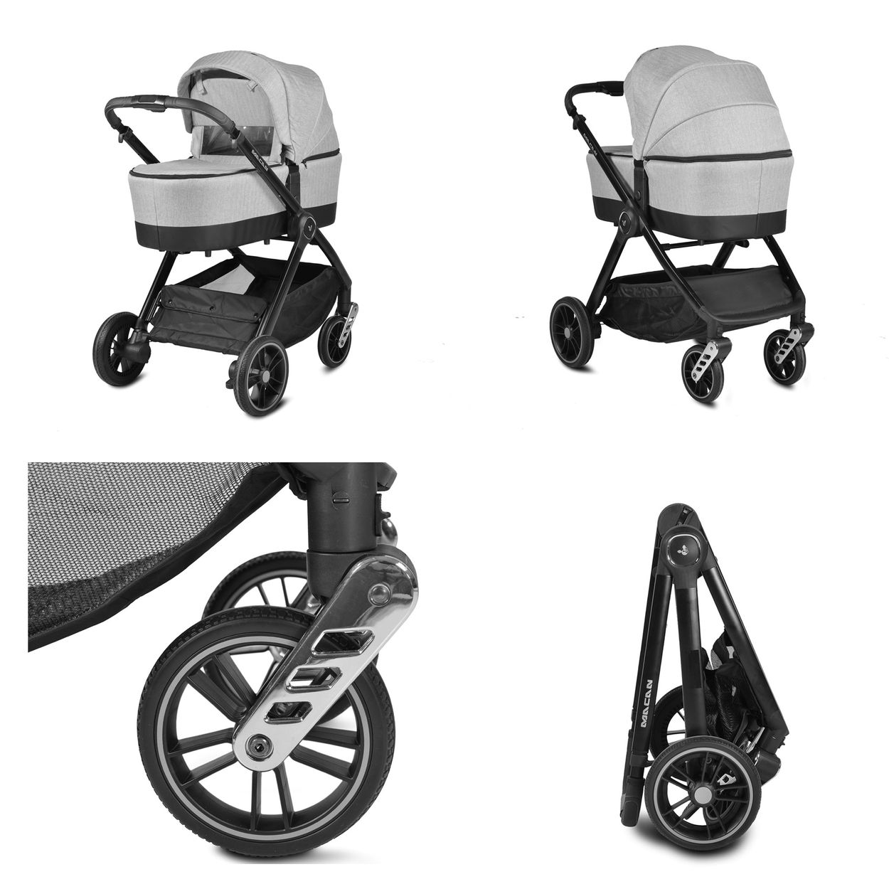 Vier Bilder eines grauen Kinderwagens. Der Kinderwagen steht auf weißem Hintergrund. Die Räder sind sichtbar.