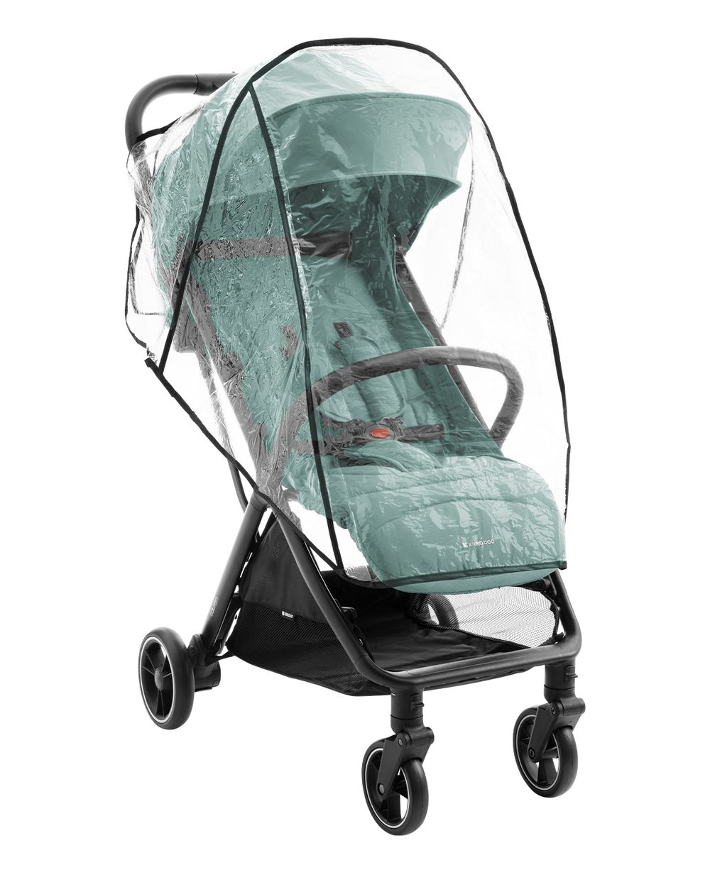 Ein tealfarbener Kinderwagen mit Regenschutz. Der Regenschutz ist durchsichtig. Der Kinderwagen steht vor weißem Hintergrund.