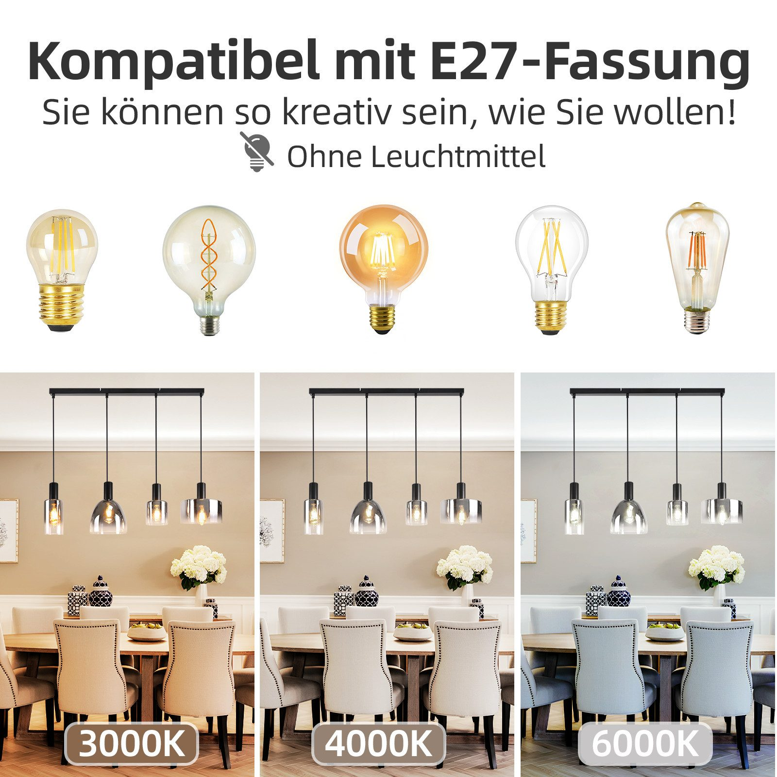 Immagine di lampadine e lampade, con testo in tedesco. Vengono mostrati vari stili di illuminazione.
