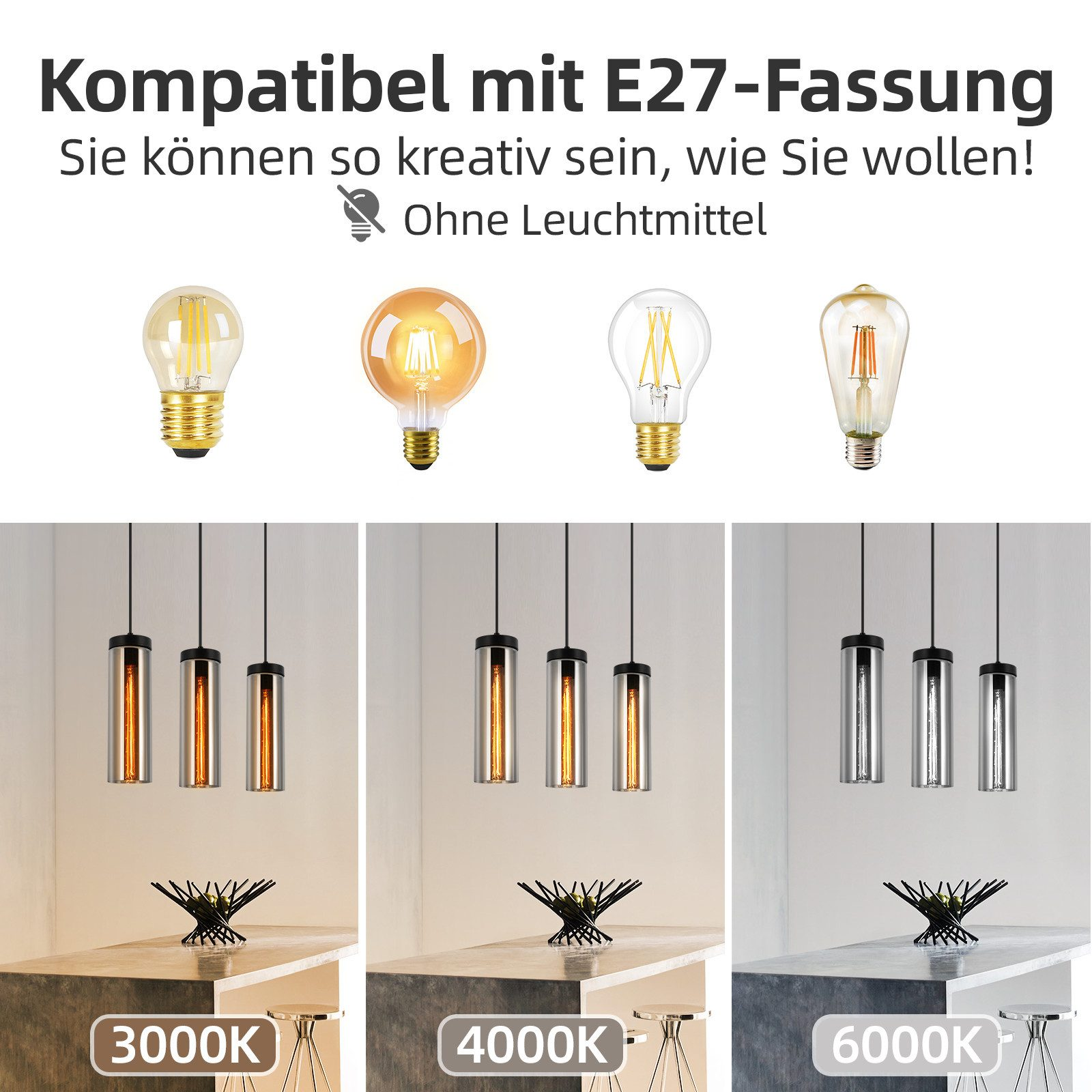 Bild mit verschiedenen Glühbirnen und 3 verschiedenen Farbtemperaturen.