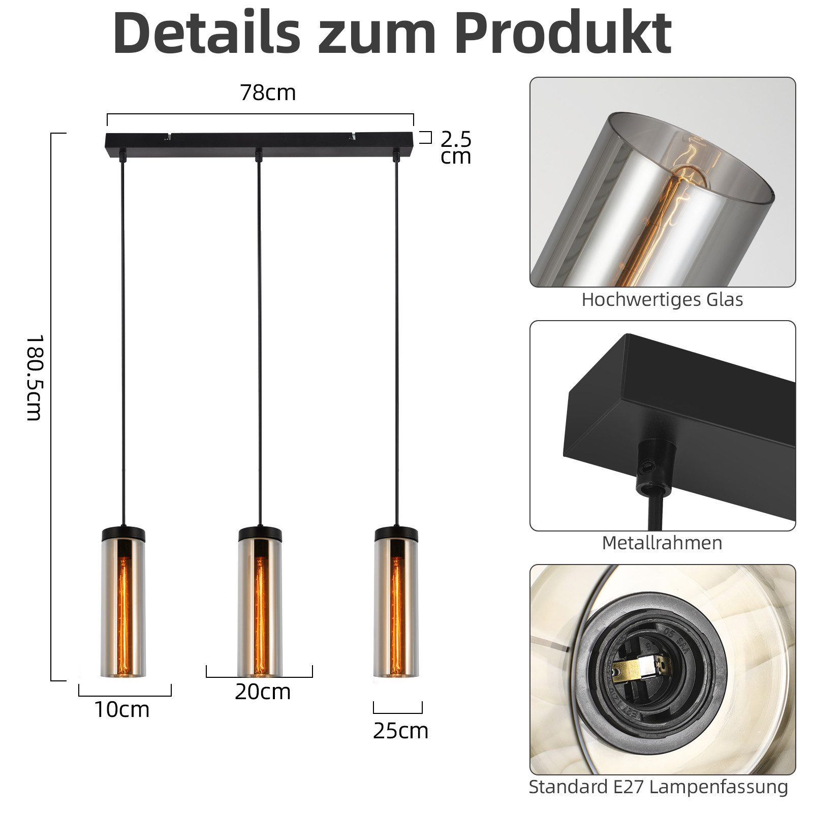 Diagramm von drei Pendelleuchten mit Maßen und Nahaufnahmen.