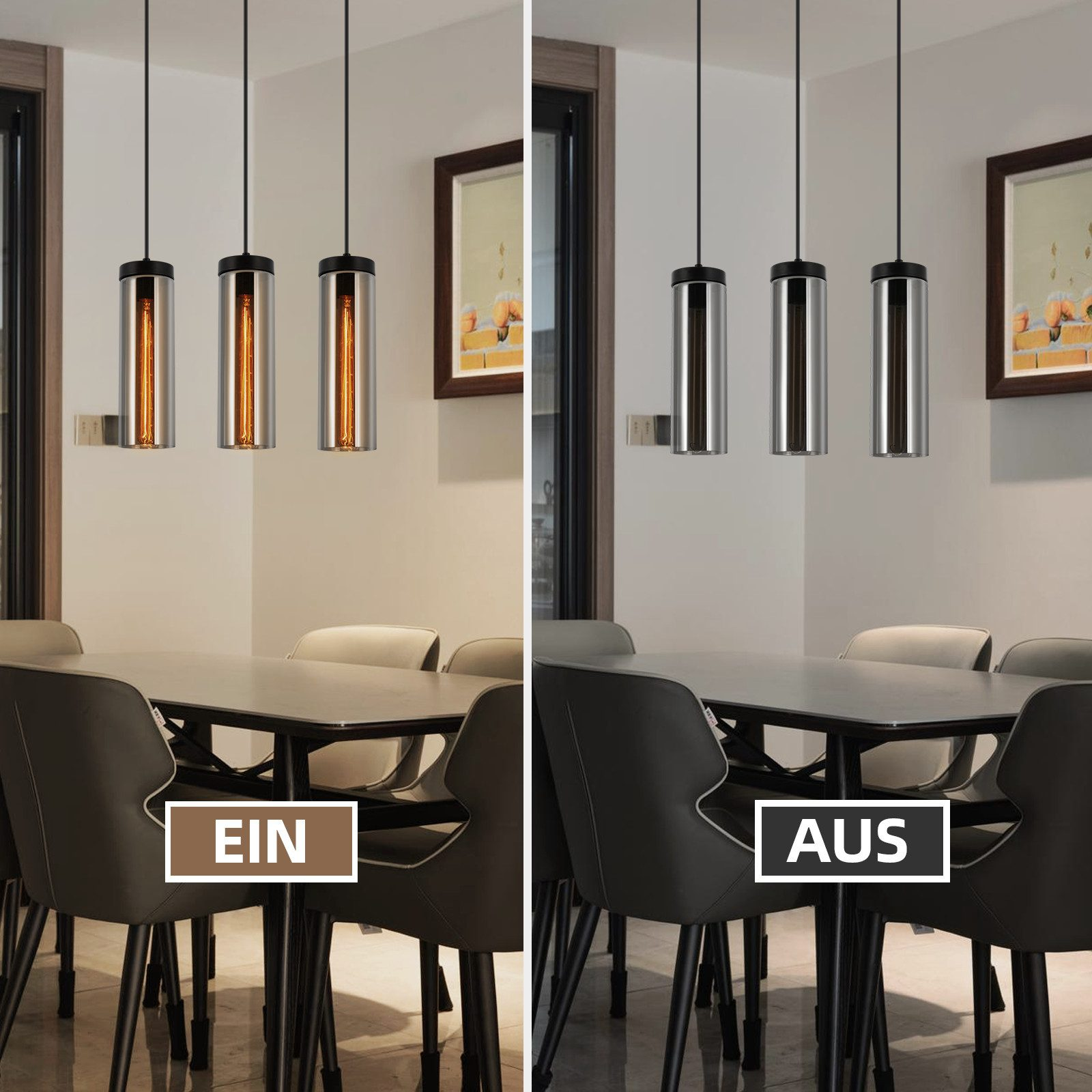 Esszimmer mit Hängelampen; zwei an, eine aus. Tisch mit Stühlen und Kunst an der Wand.