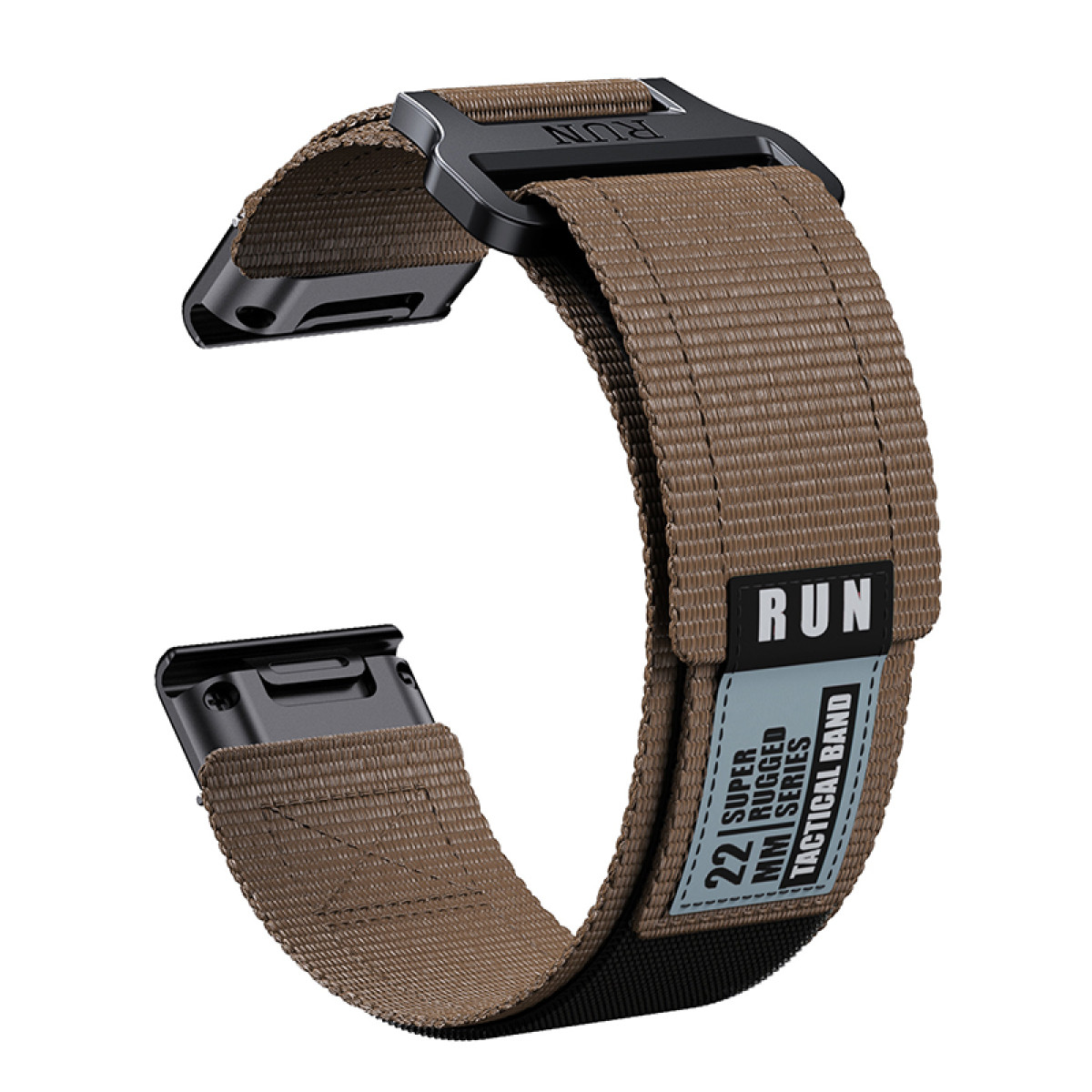 Ein braunes Uhrenarmband mit schwarzer Schnalle, mit dem Wort 'RUN' auf dem Band.