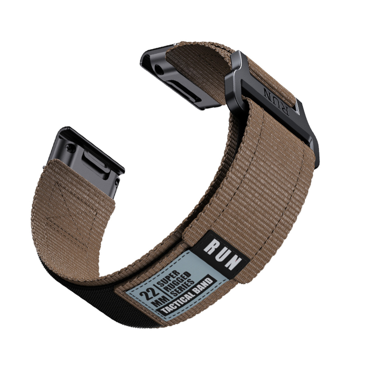 Ein braunes Uhrenarmband mit schwarzer Schnalle und weißem Etikett mit schwarzem Text.