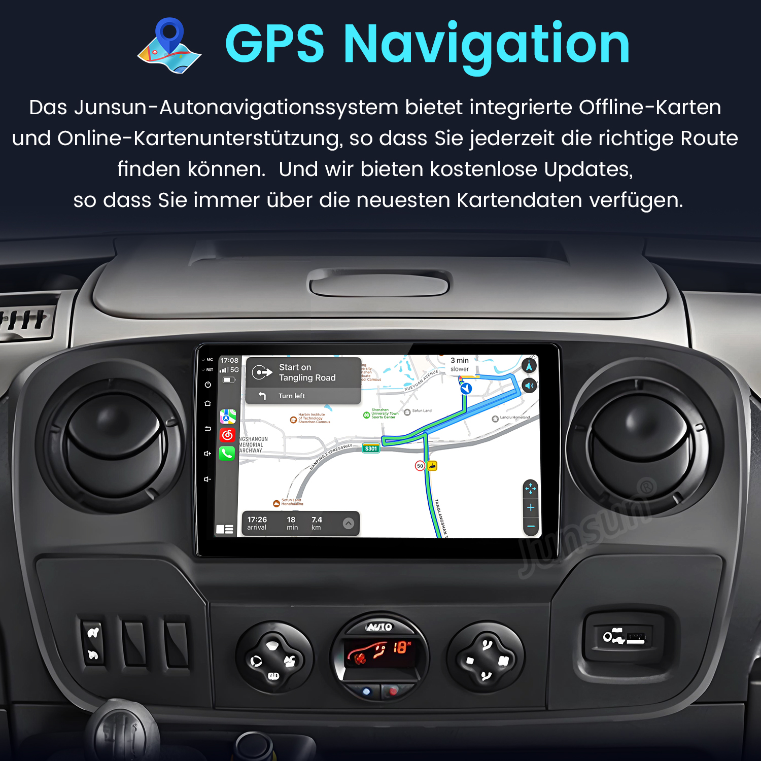 Deska rozdzielcza samochodu wyświetlająca mapę GPS ze szczegółami nawigacji. Widoczne przyciski i ekran.