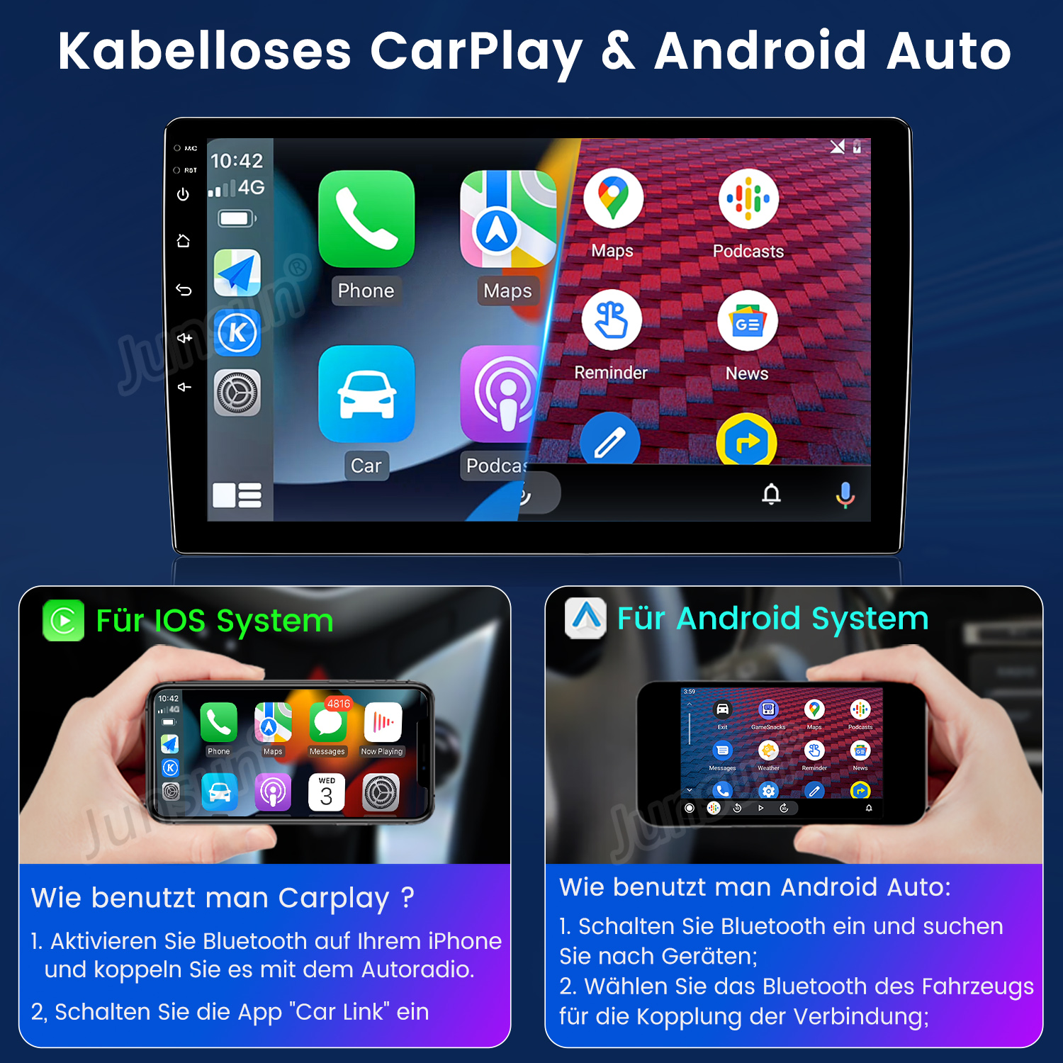 CarPlay i Android Auto wyświetlane na radiu samochodowym. Ekran wyświetla ikony aplikacji i instrukcje użytkowania.