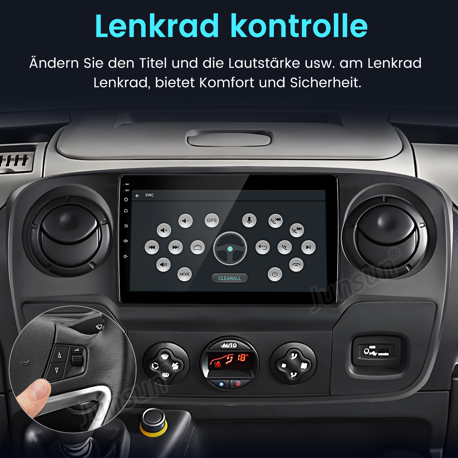 Deska rozdzielcza samochodu z dużym ekranem wyświetlającym elementy sterujące i kierownicą z przyciskami.