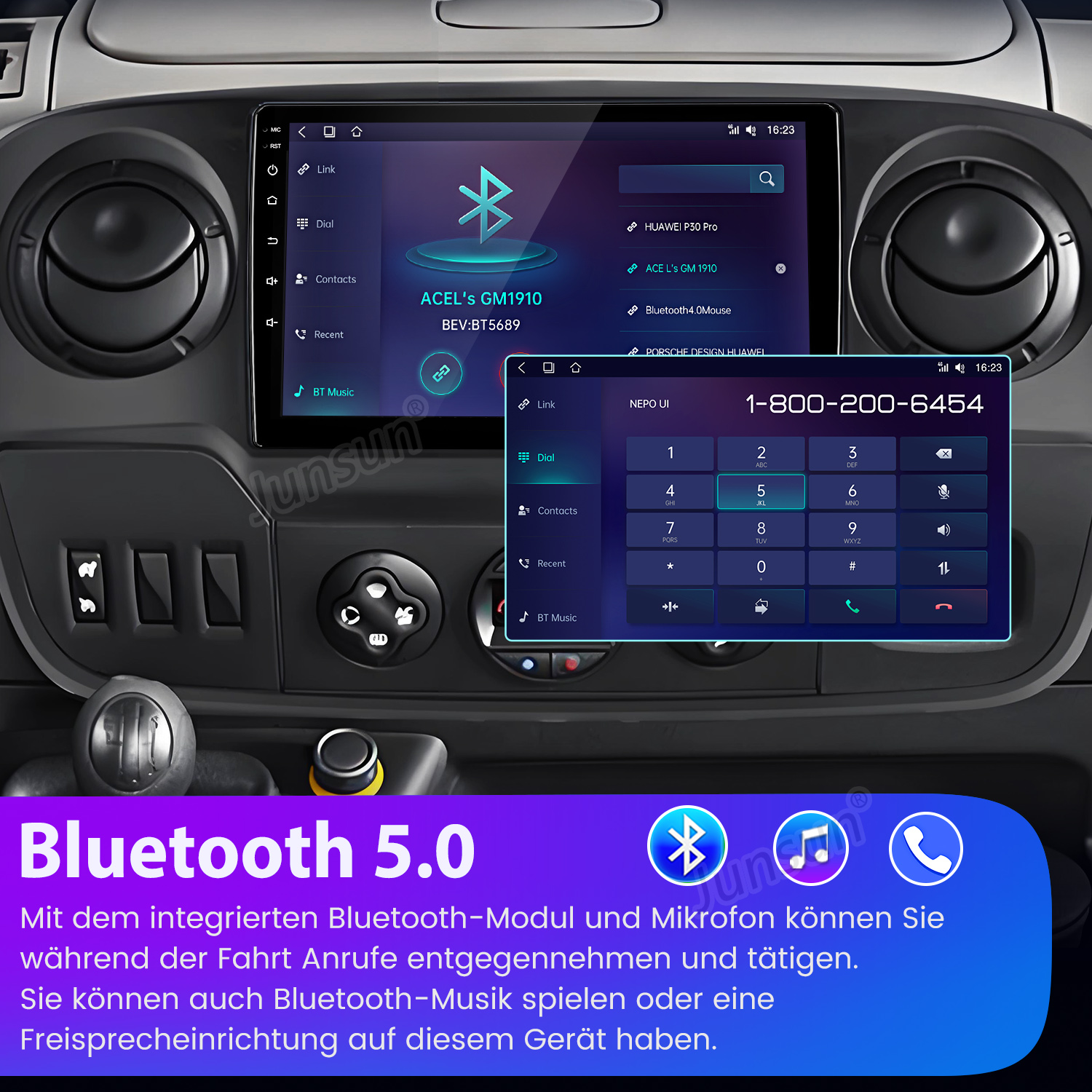 Autoradio-Bildschirm mit Bluetooth 5.0-Funktionen. Es zeigt Telefonanrufe und Bluetooth-Musikverbindungen an.