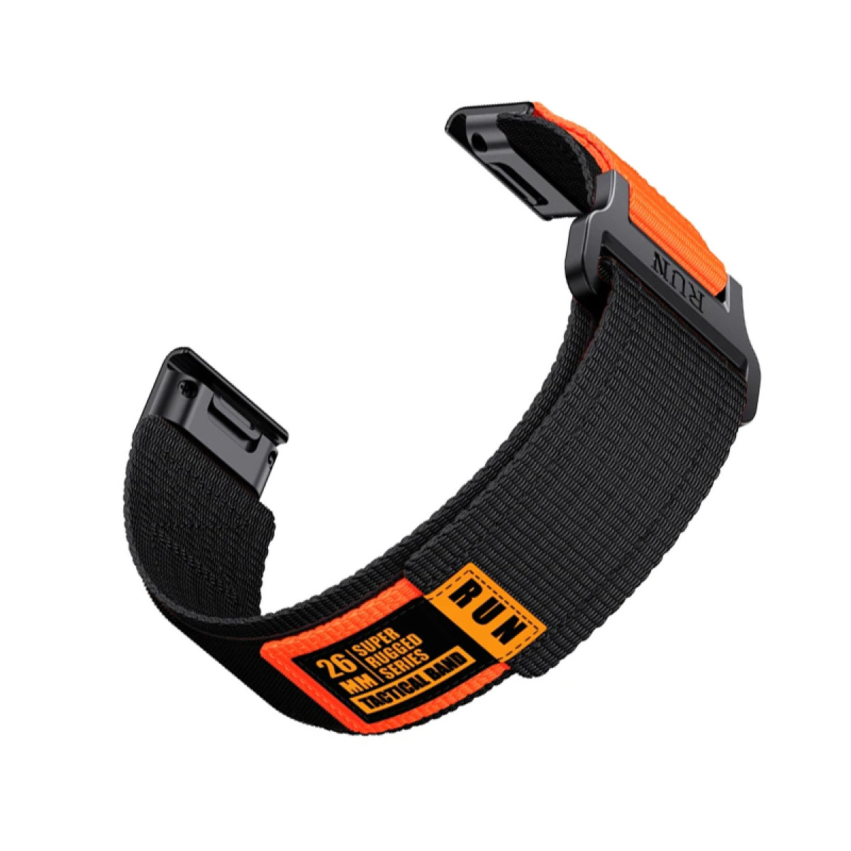 Schwarzes und orangefarbenes Uhrenarmband. Es hat Text mit der Aufschrift 'RUN' und 'TACTICAL BAND' auf einem Aufnäher.