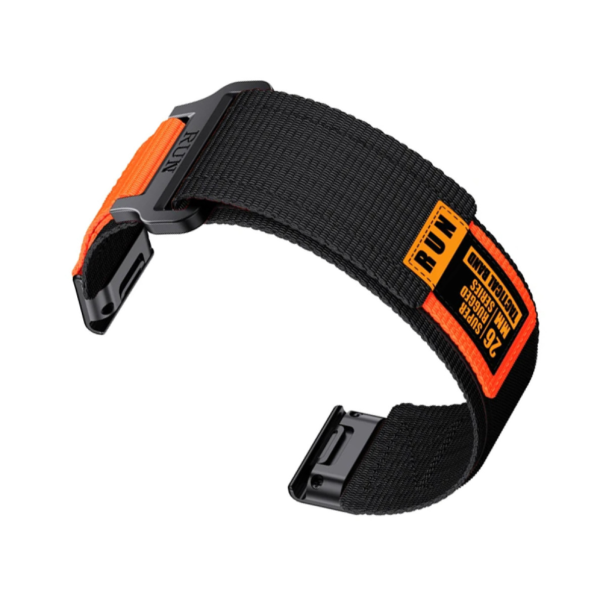 Ein orangefarbenes und schwarzes Uhrenarmband mit schwarzer Schnalle und dem Wort 'RUN'.