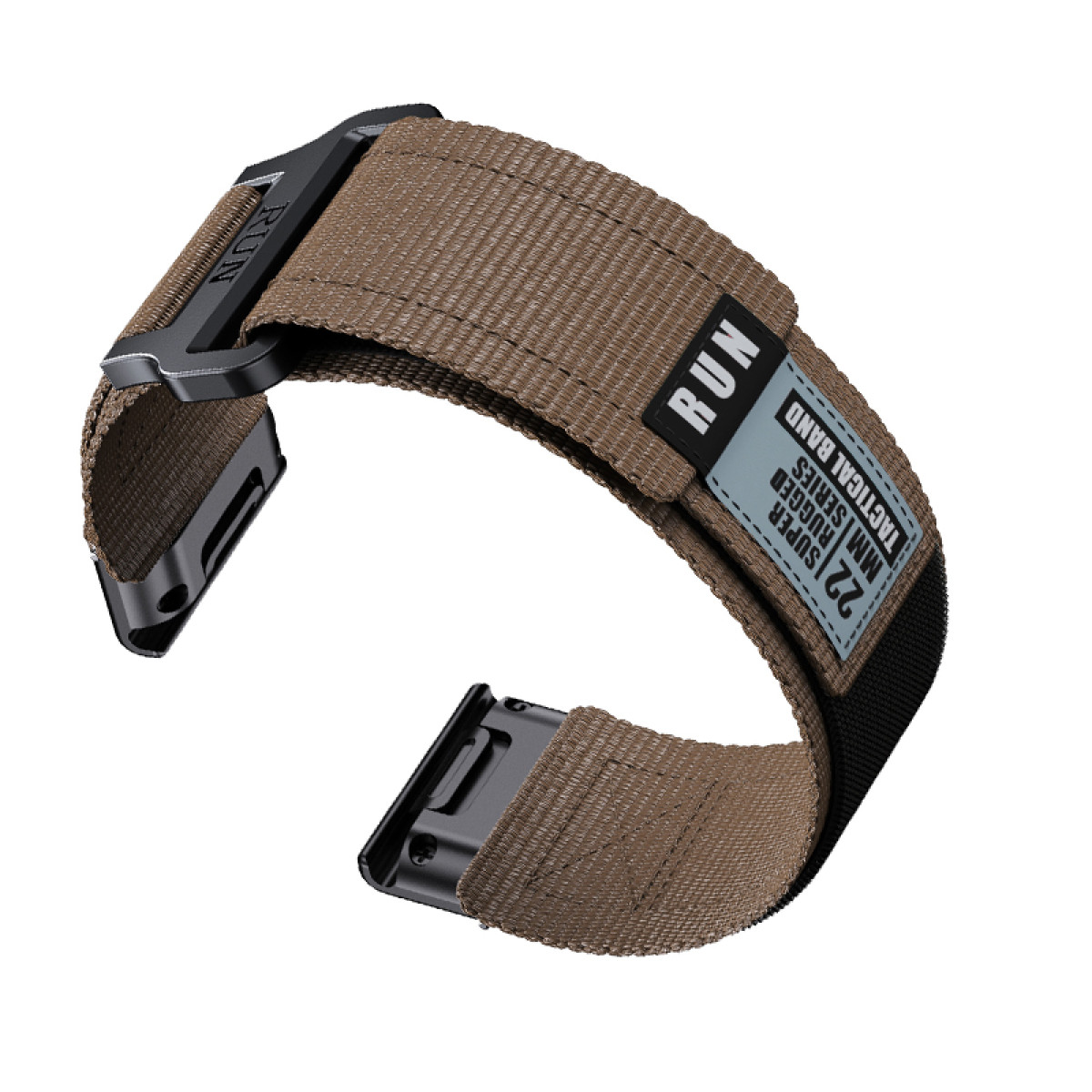 Braunes Uhrenarmband. Es hat eine schwarze Schnalle und ein Patch mit der Aufschrift 'RUN' und 'TACTICAL BAND'.