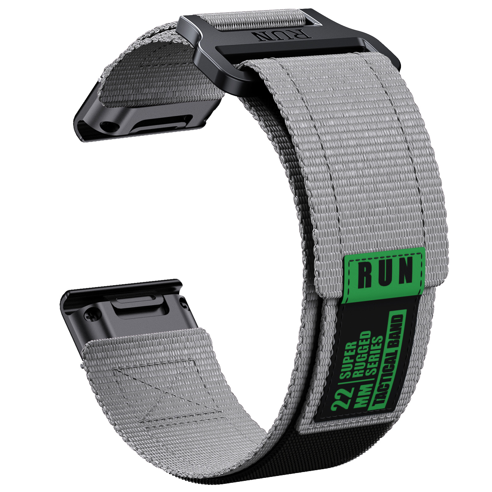 Cinturino grigio. Ha una fibbia nera e una toppa con la scritta 'RUN' e 'TACTICAL BAND' in verde.