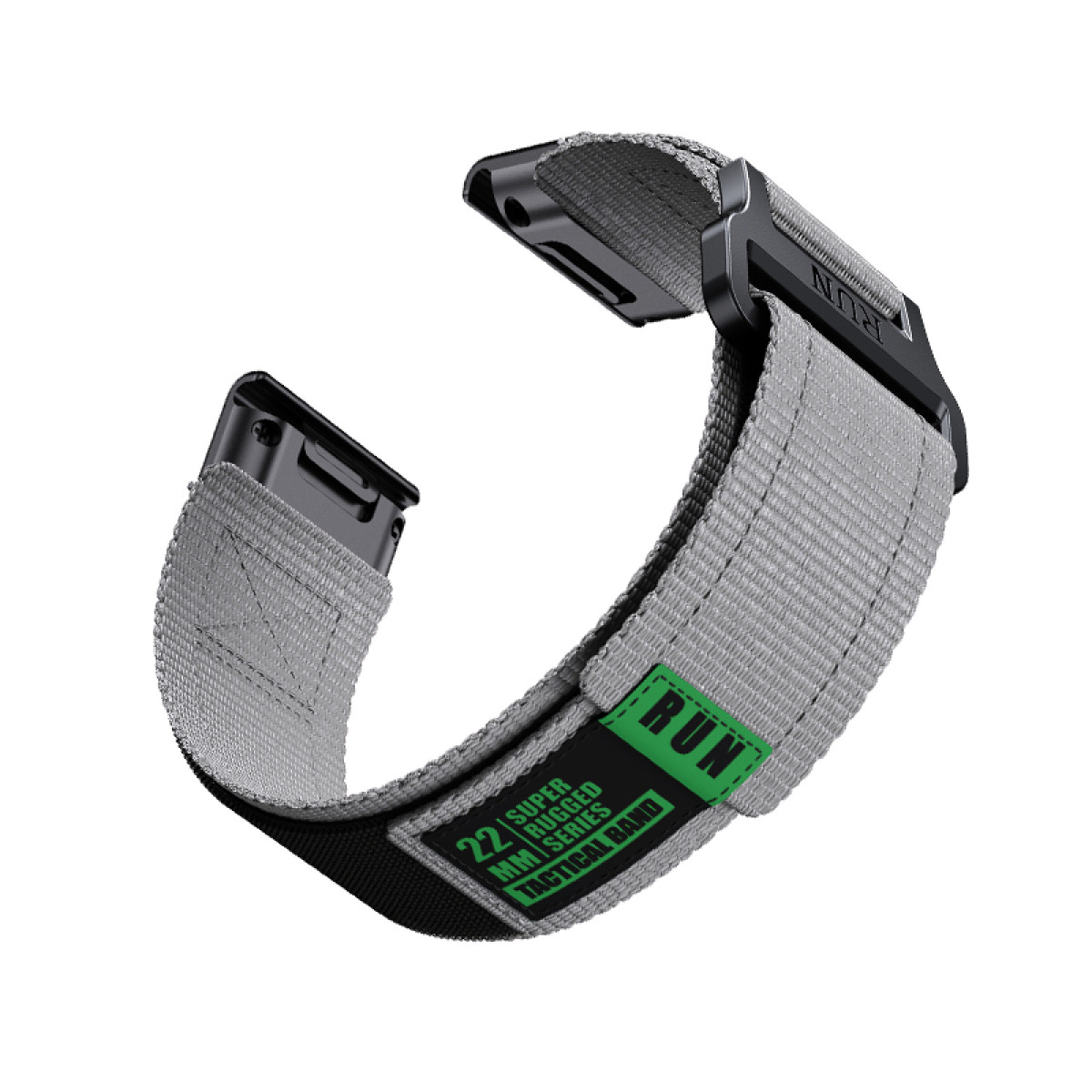 Cinturino grigio con fibbia nera ed etichetta verde 'RUN'. Sfondo bianco.