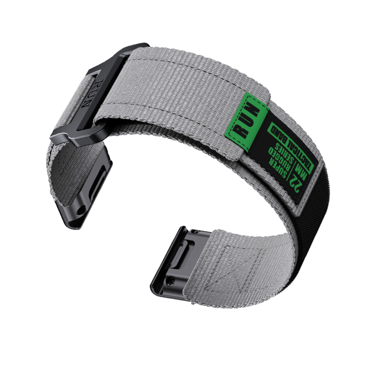 Cinturino grigio. Ha una fibbia nera e una toppa con la scritta 'RUN' e 'TACTICAL BAND'.