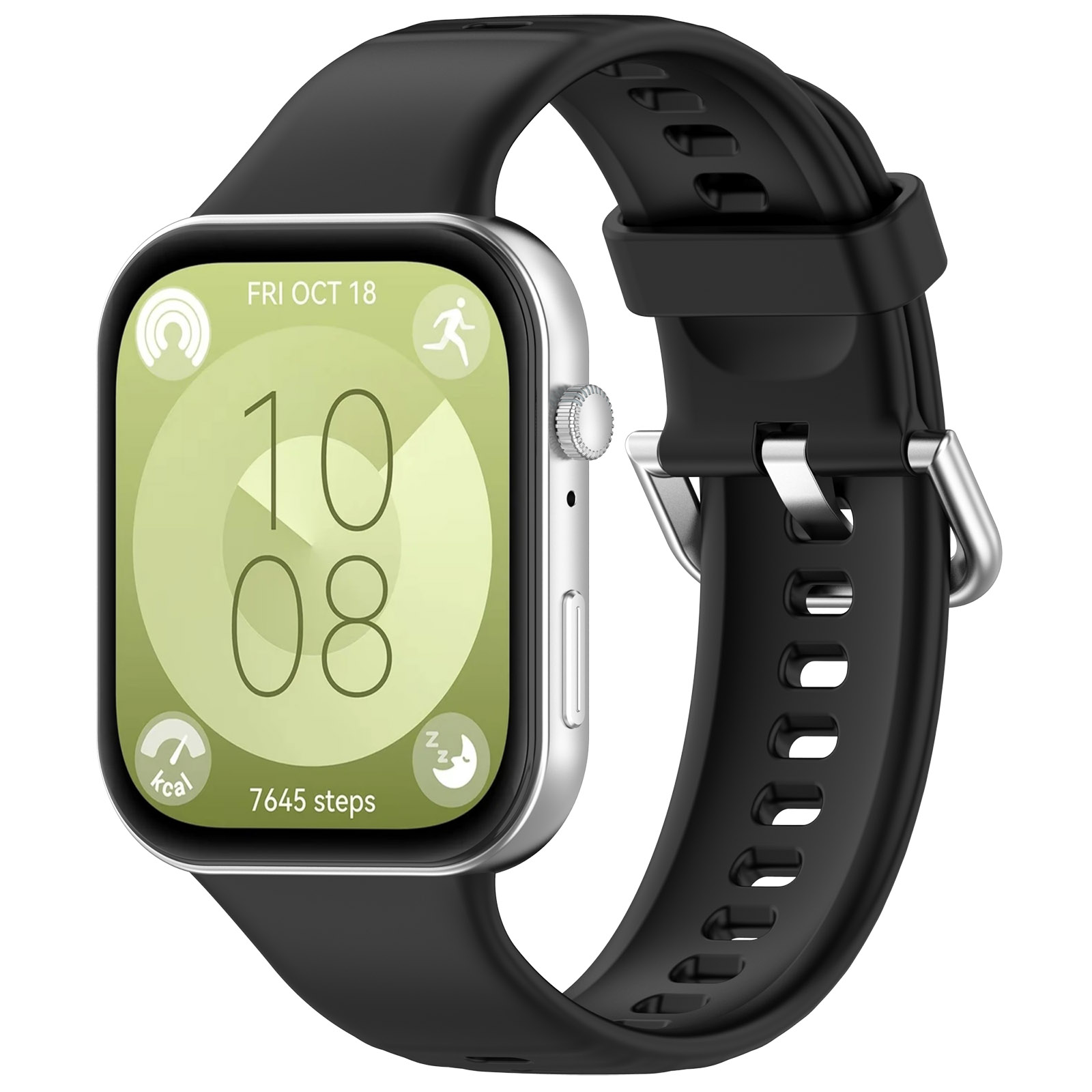 Eine Smartwatch mit schwarzem Armband. Der Bildschirm zeigt die Uhrzeit, Schritte und Kalorien an.