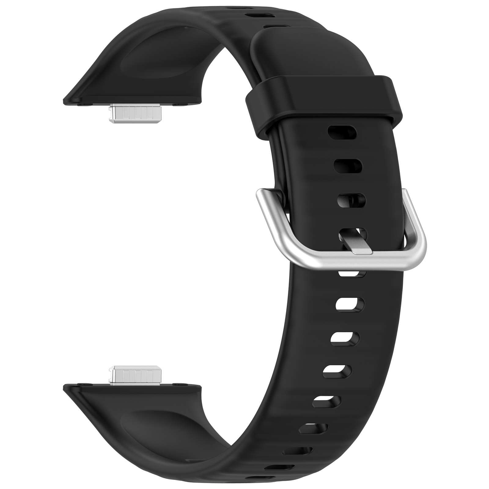 Ein schwarzes Uhrenarmband. Es hat eine silberne Schnalle und zwei Anschlüsse zum Anbringen an der Uhr.