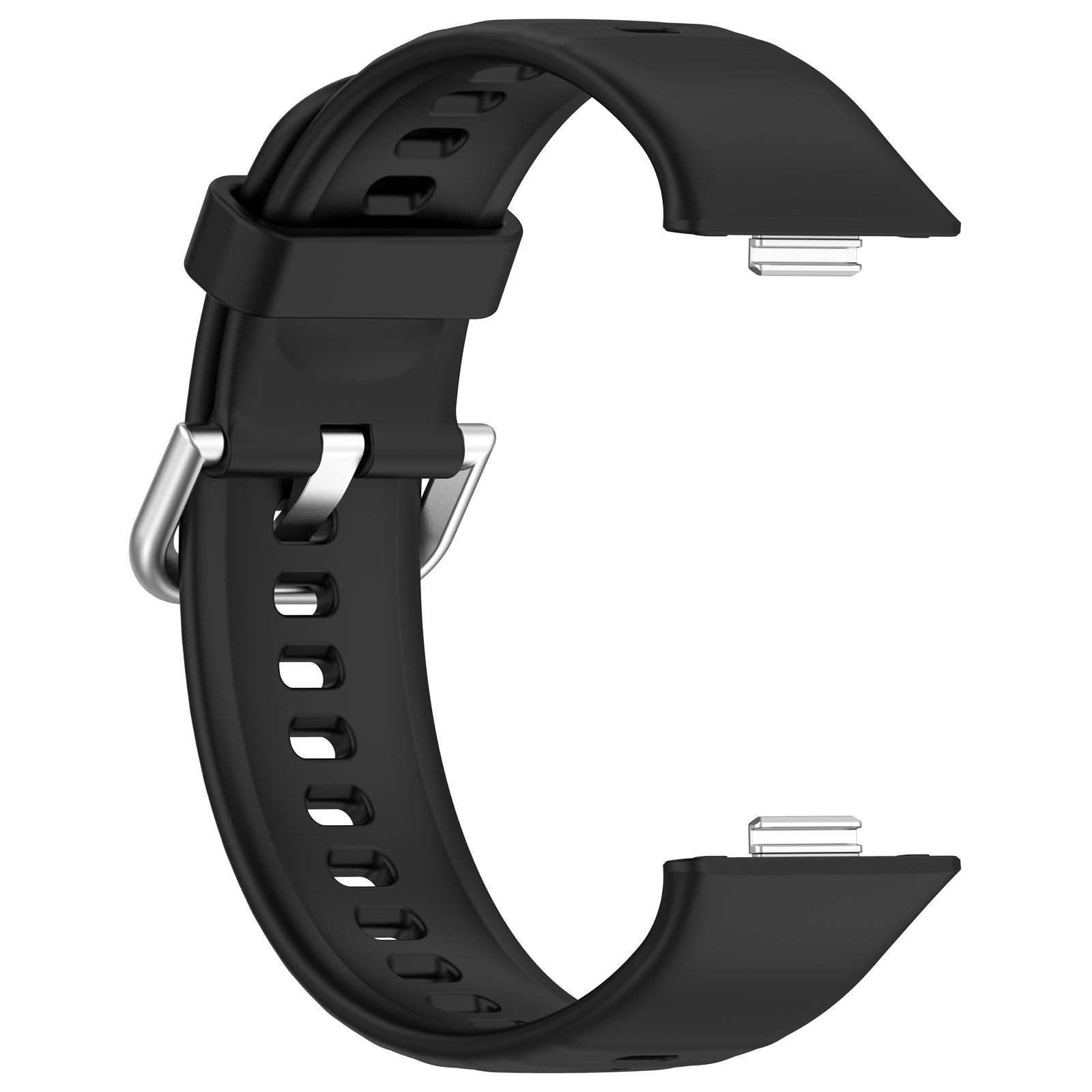 Schwarzes Uhrenarmband mit silberner Schnalle. Weißer Hintergrund.